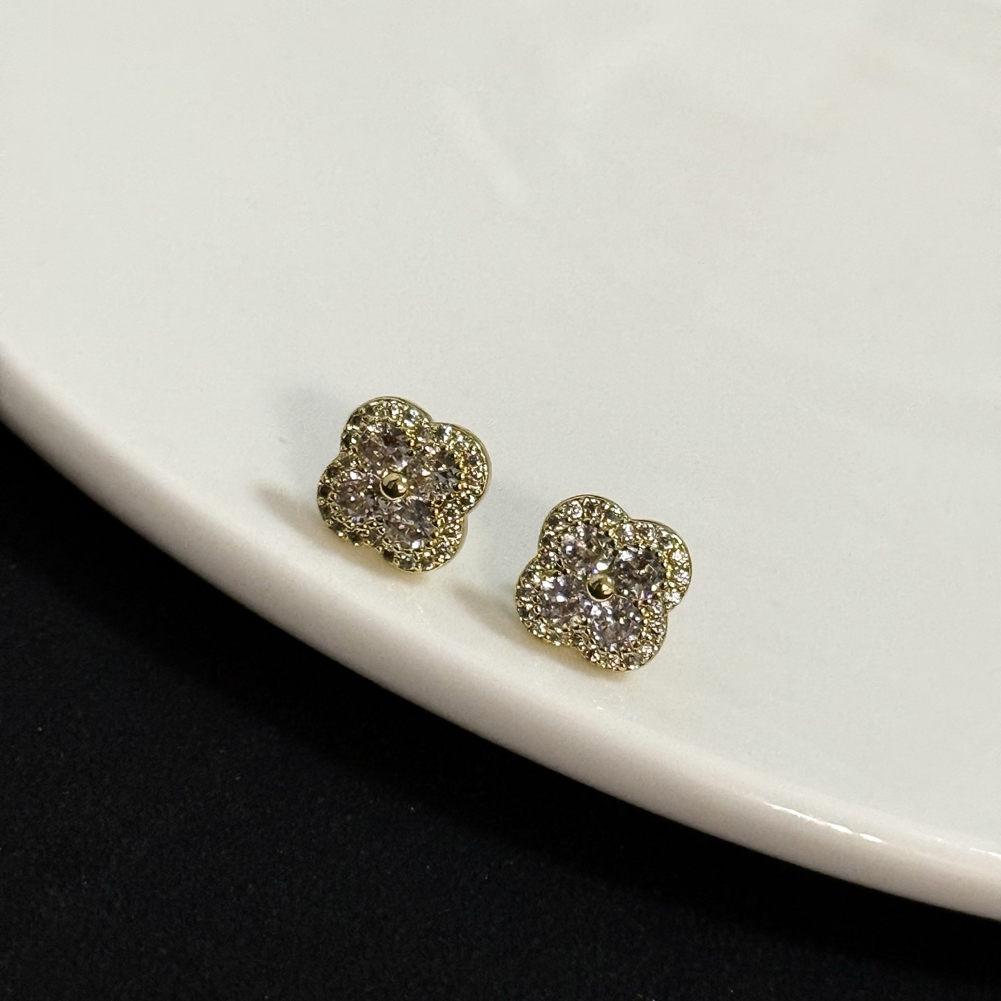Van Cleef Arpels Alhambra earrings yellow gold with clear pave diamonds 8mm stud diameter