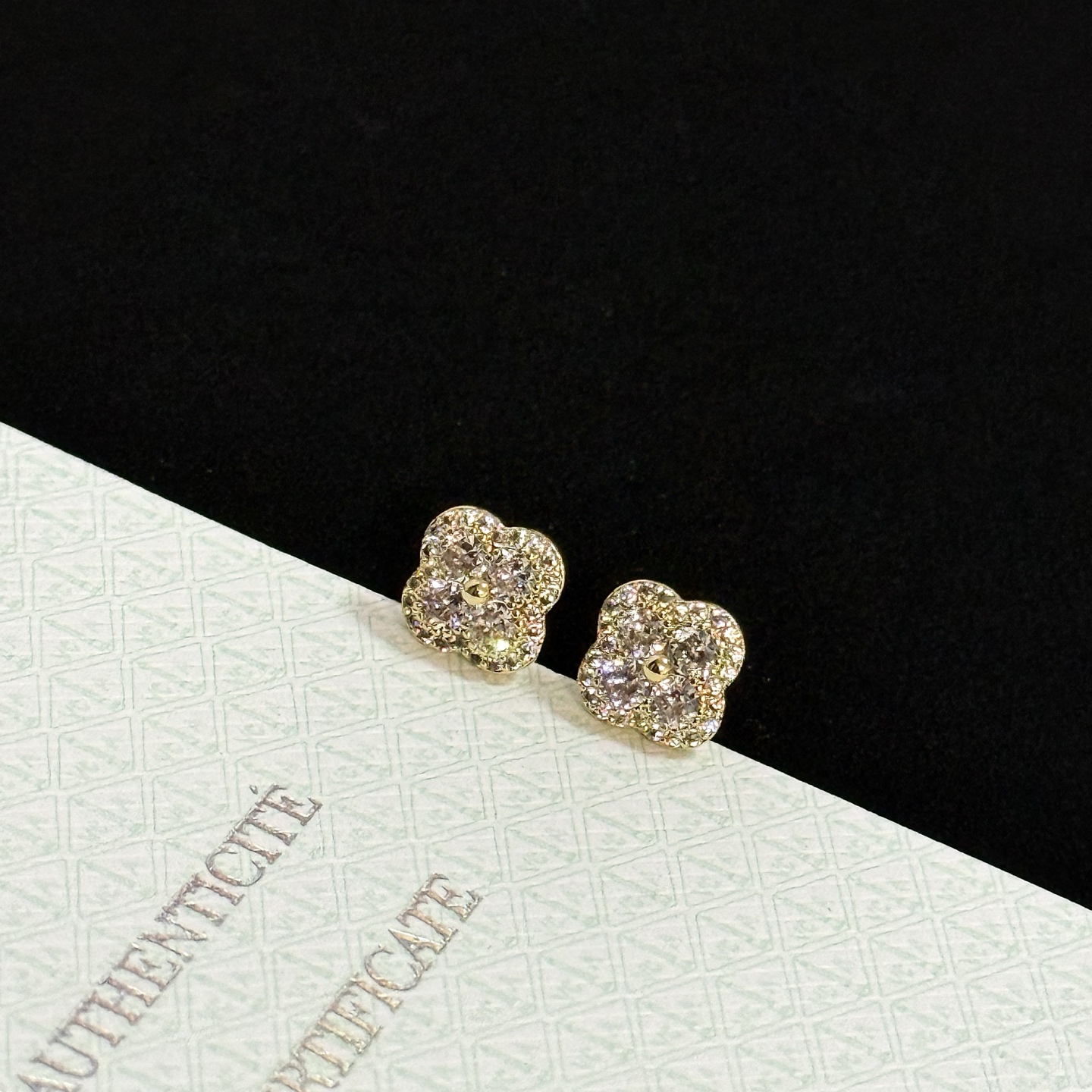 Van Cleef Arpels Alhambra earrings yellow gold with clear pave diamonds 8mm stud diameter