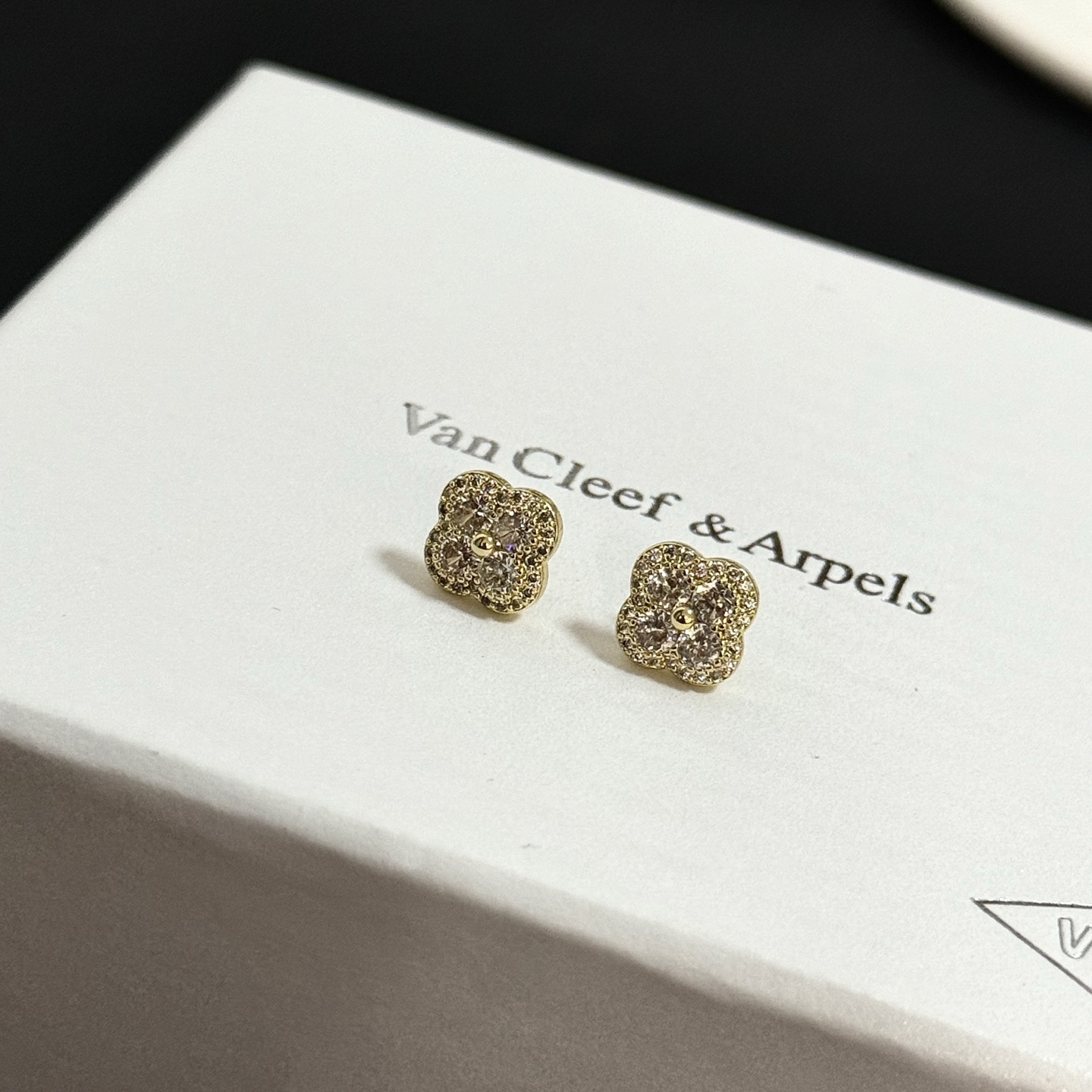 Van Cleef Arpels Alhambra earrings yellow gold with clear pave diamonds 8mm stud diameter