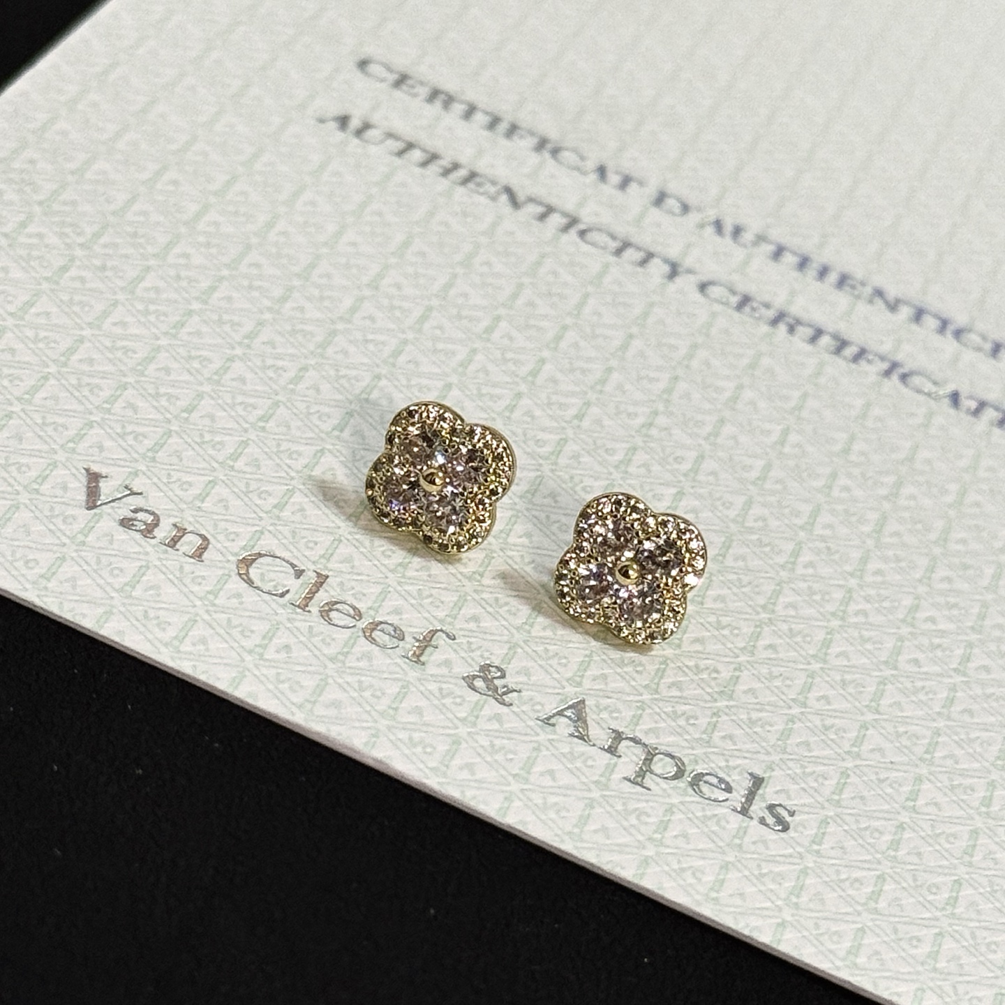 Van Cleef Arpels Alhambra earrings yellow gold with clear pave diamonds 8mm stud diameter