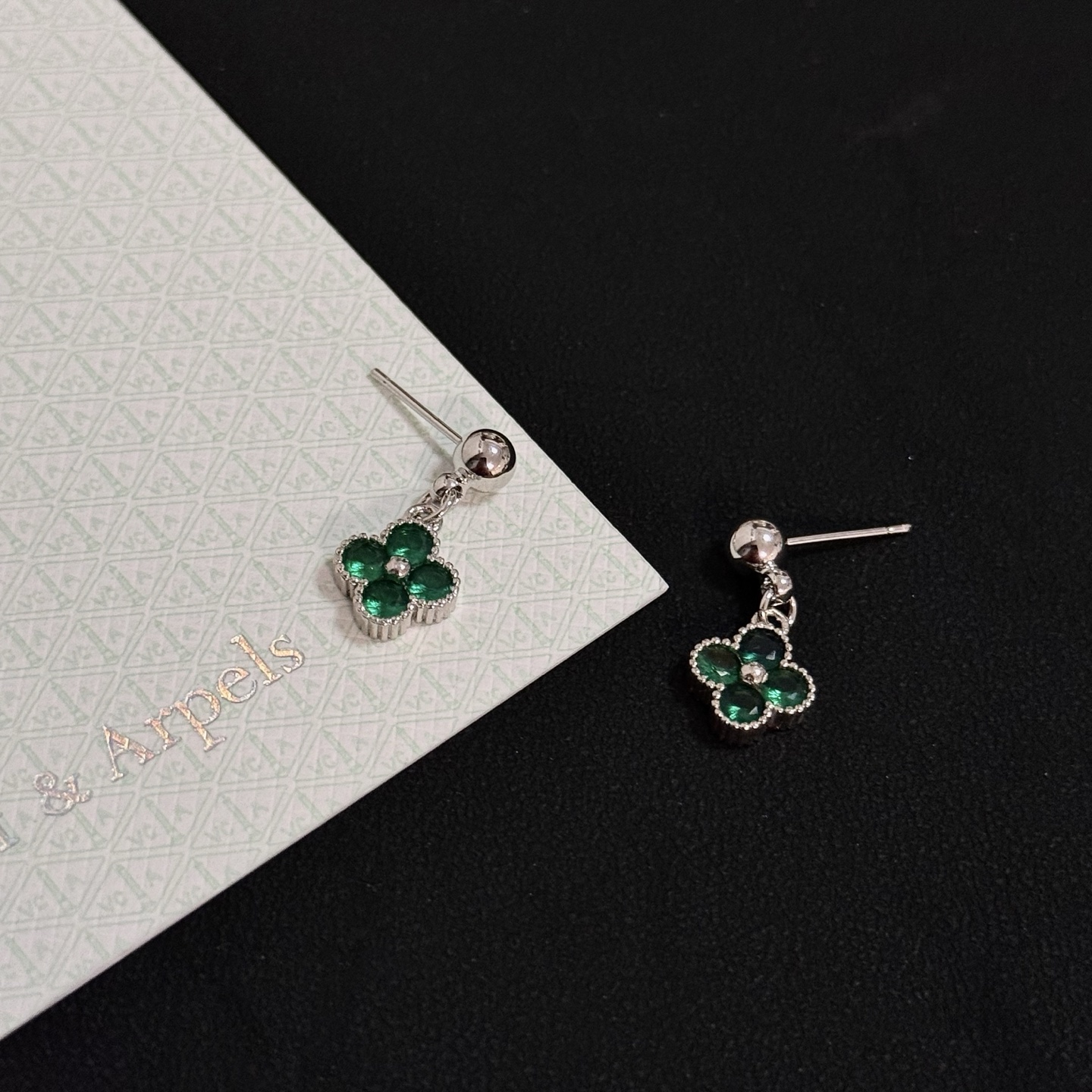 Van Cleef Arpels Alhambra earrings Silver-toned metal with emerald green gemstones One size