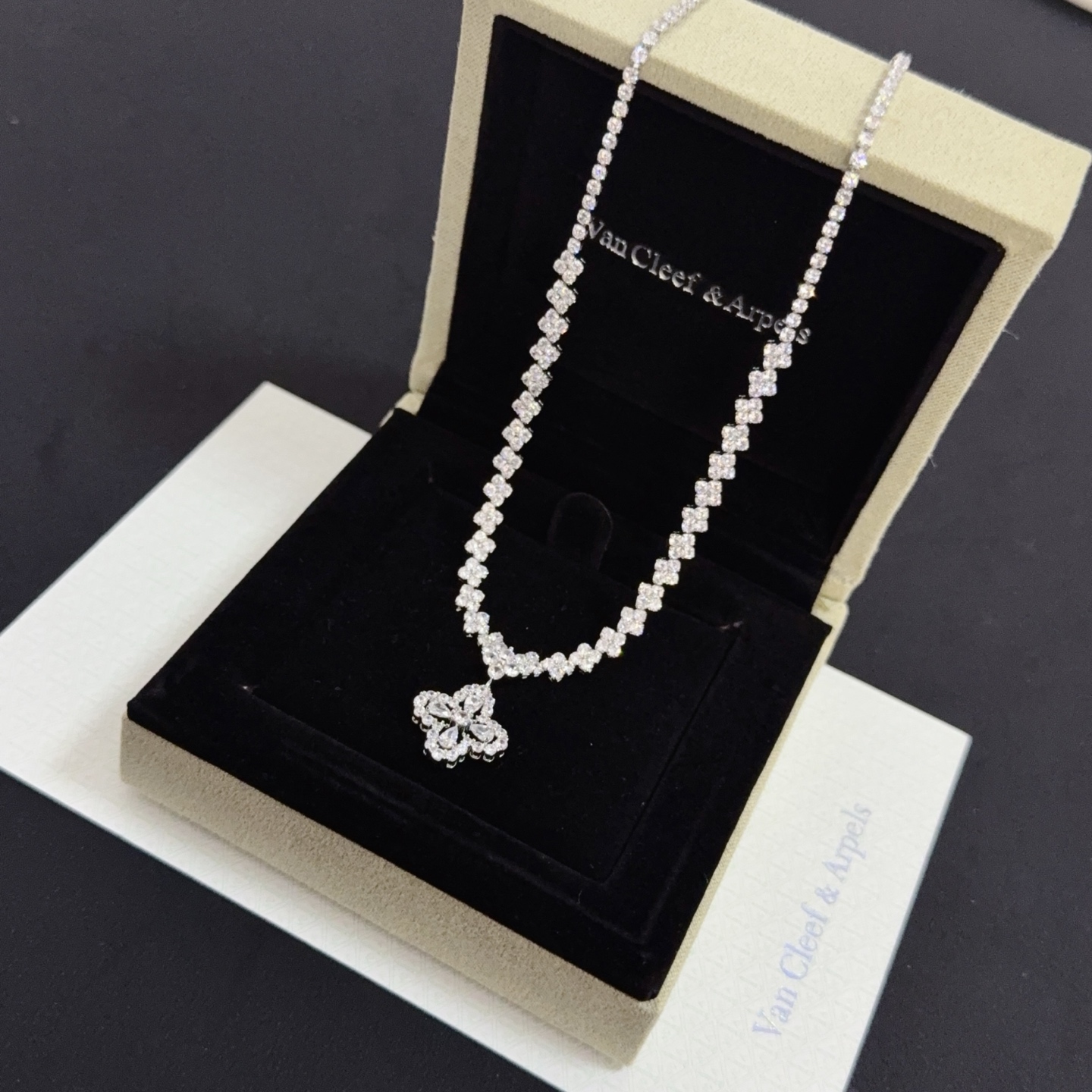 Van Cleef Arpels Alhambra necklace white gold with clear diamonds 42cm with 5cm extender