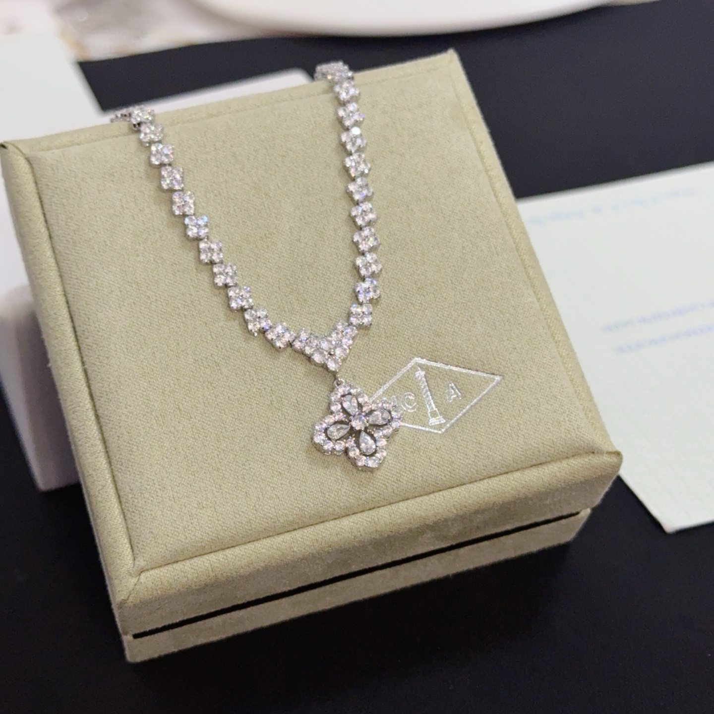 Van Cleef Arpels Alhambra necklace white gold with clear diamonds 42cm with 5cm extender