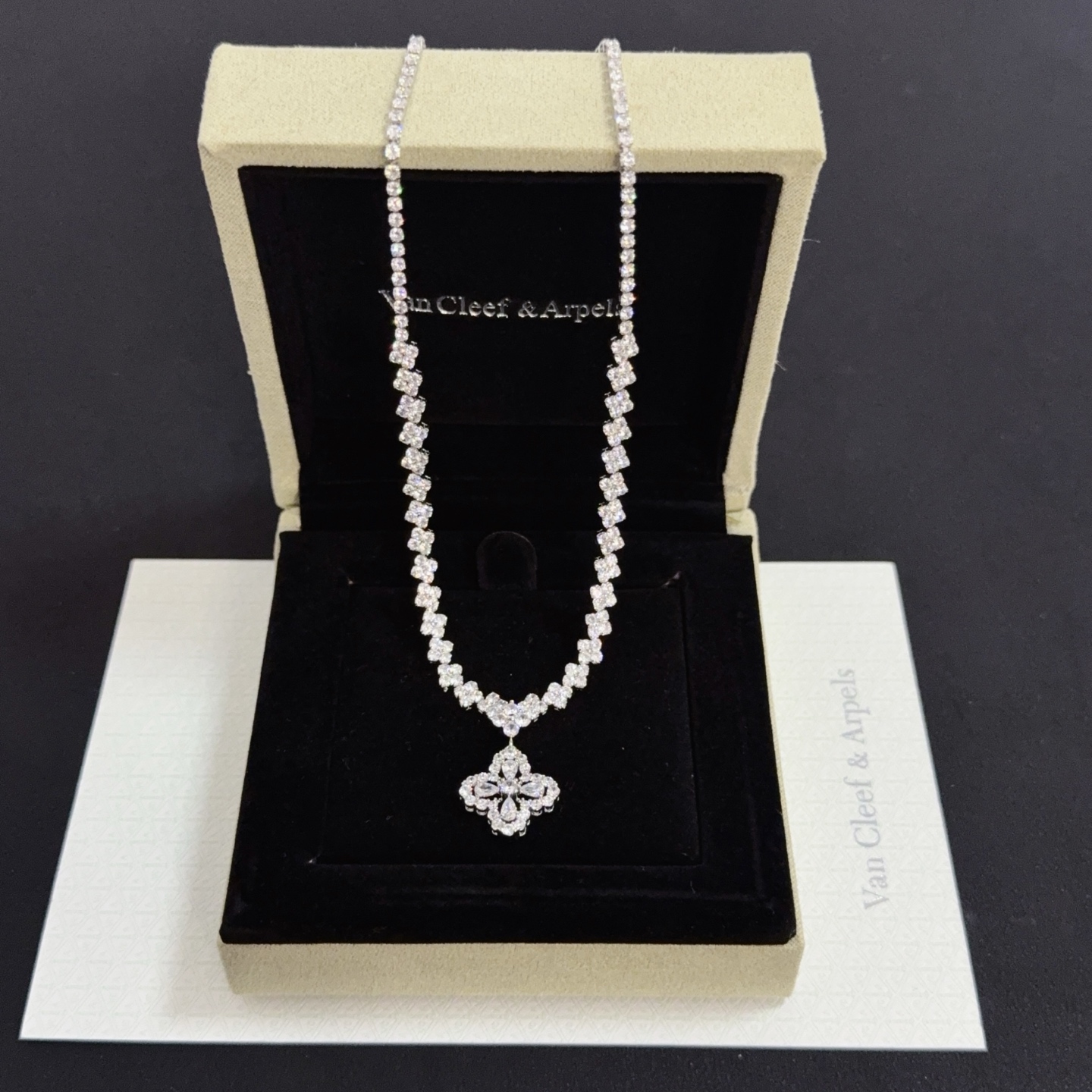 Van Cleef Arpels Alhambra necklace white gold with clear diamonds 42cm with 5cm extender