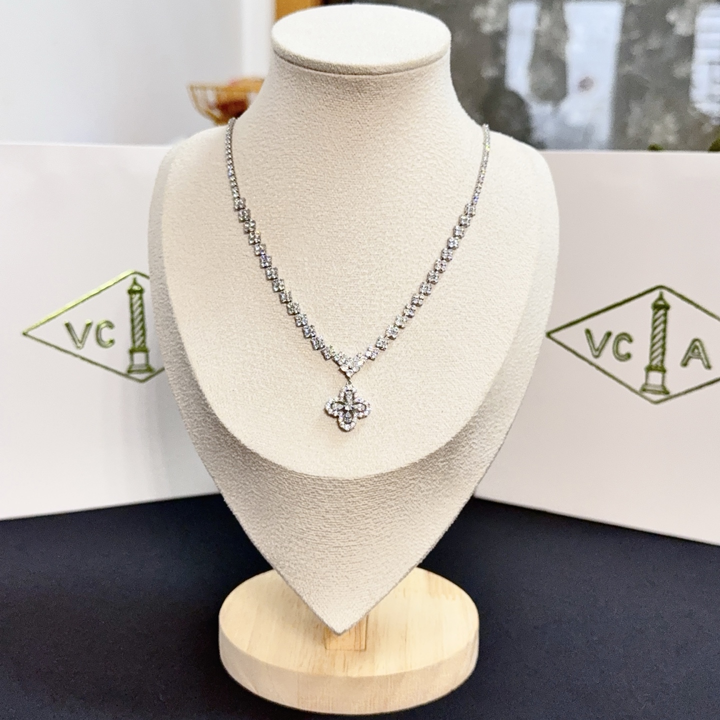 Van Cleef Arpels Alhambra necklace white gold with clear diamonds 42cm with 5cm extender