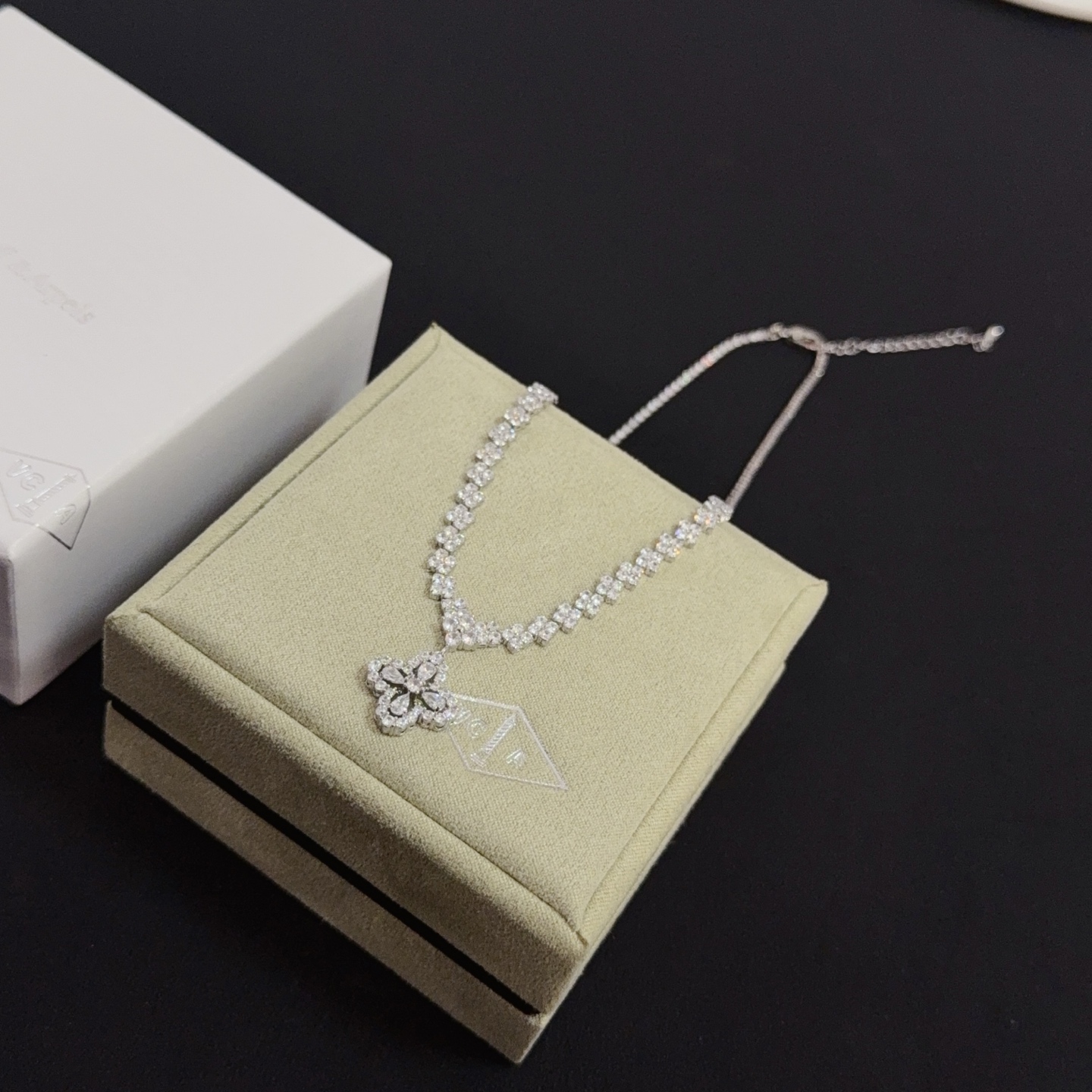 Van Cleef Arpels Alhambra necklace white gold with clear diamonds 42cm with 5cm extender