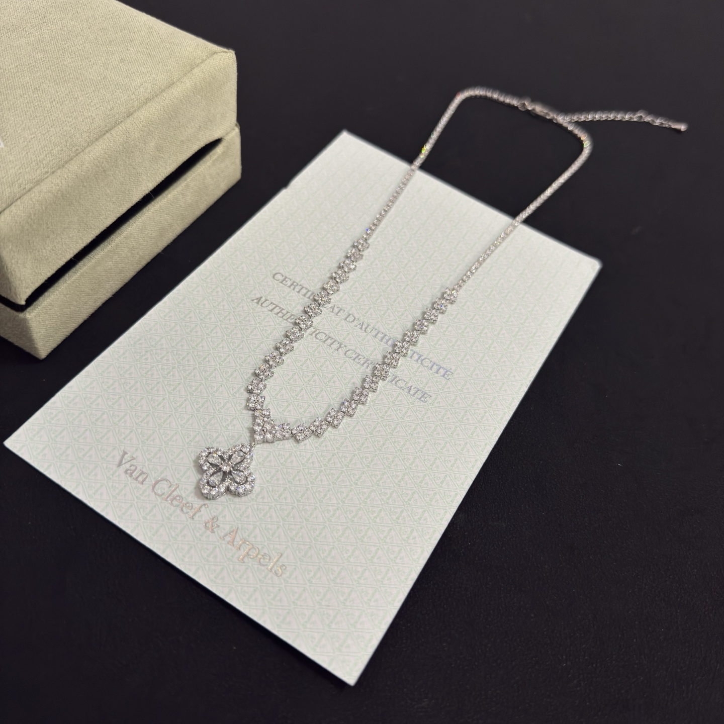 Van Cleef Arpels Alhambra necklace white gold with clear diamonds 42cm with 5cm extender