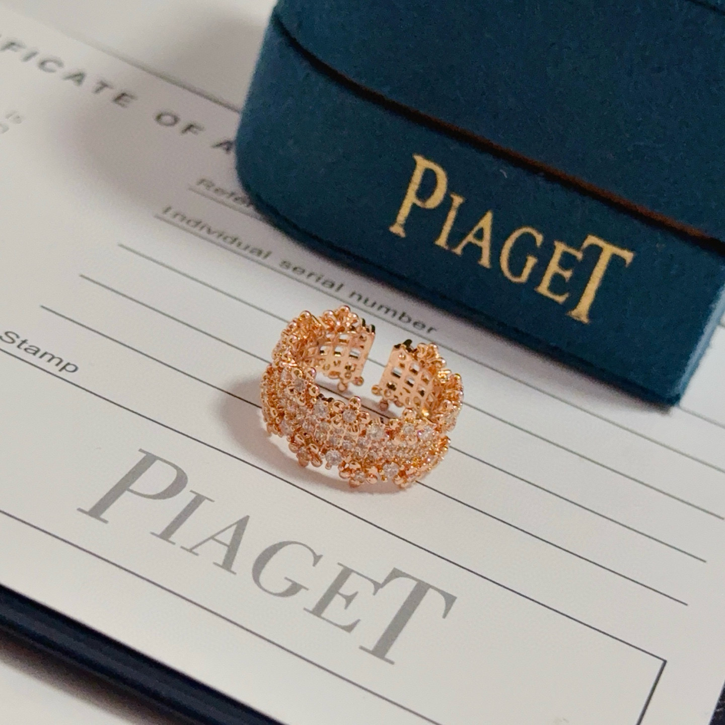 Piaget Sunlight Escape ring rose gold with clear diamond pave adjustable open band