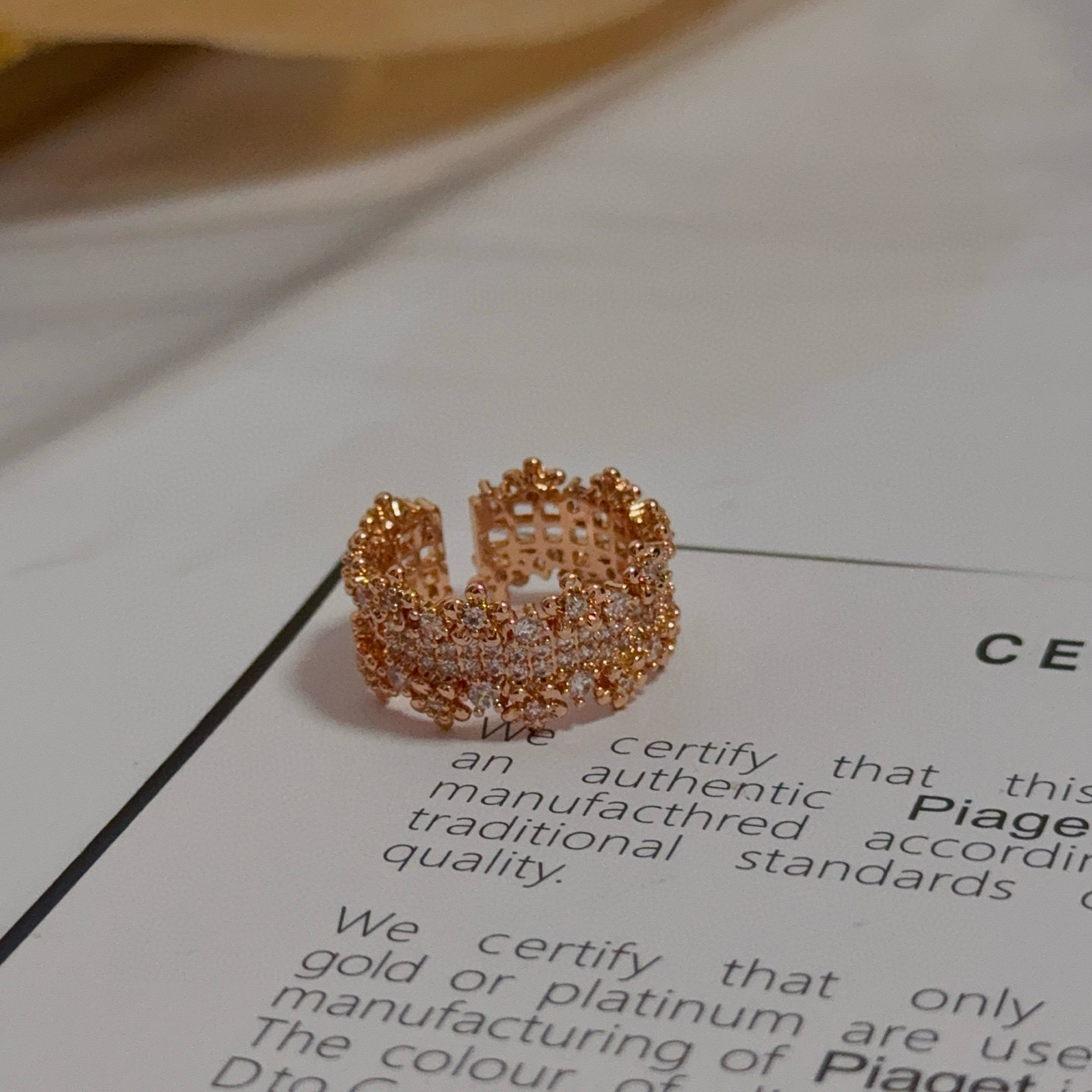 Piaget Sunlight Escape ring rose gold with clear diamond pave adjustable open band