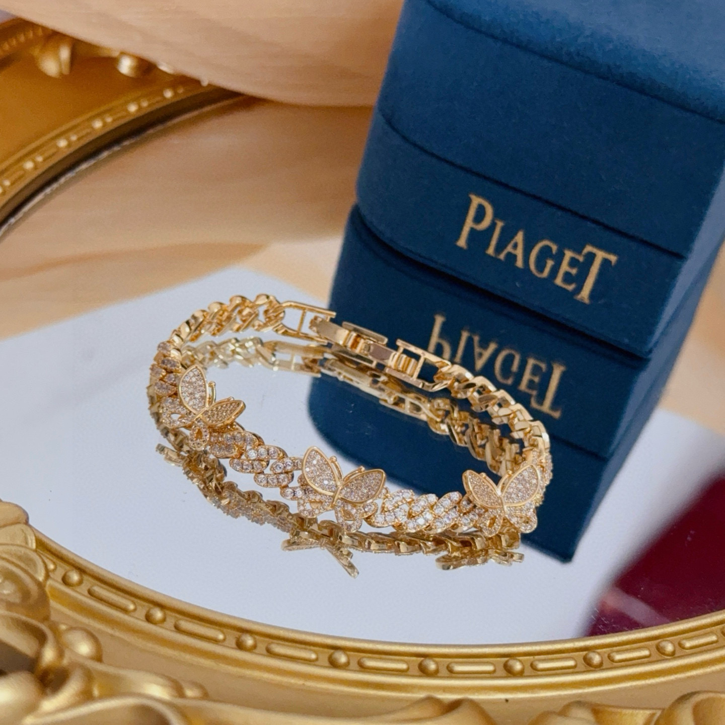 Piaget Butterfly Pave Cuban Link bracelet yellow gold with clear diamond-like pave stones 7 inches