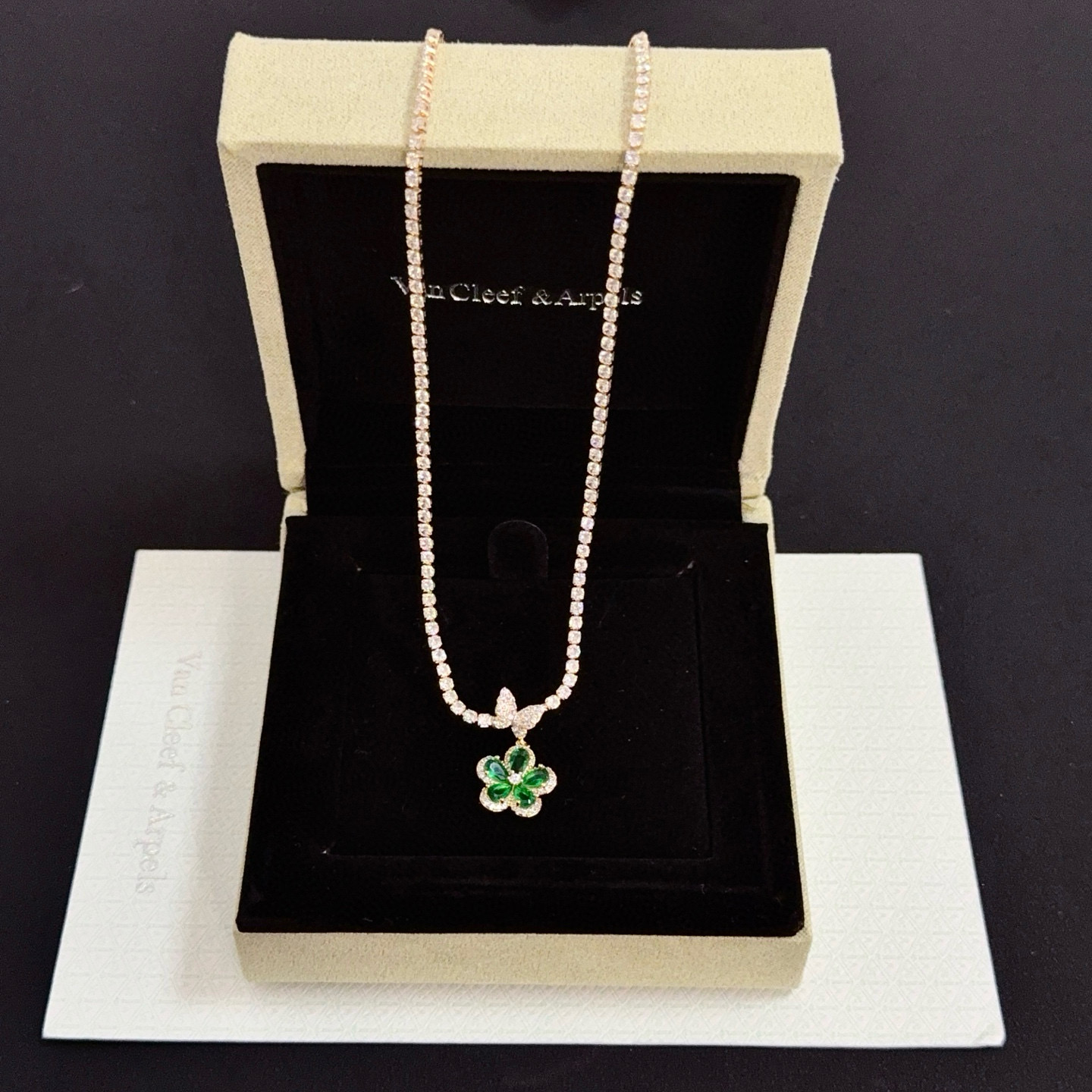 Van Cleef Arpels Alhambra necklace rose gold metal green gemstone clear diamond accents 42cm