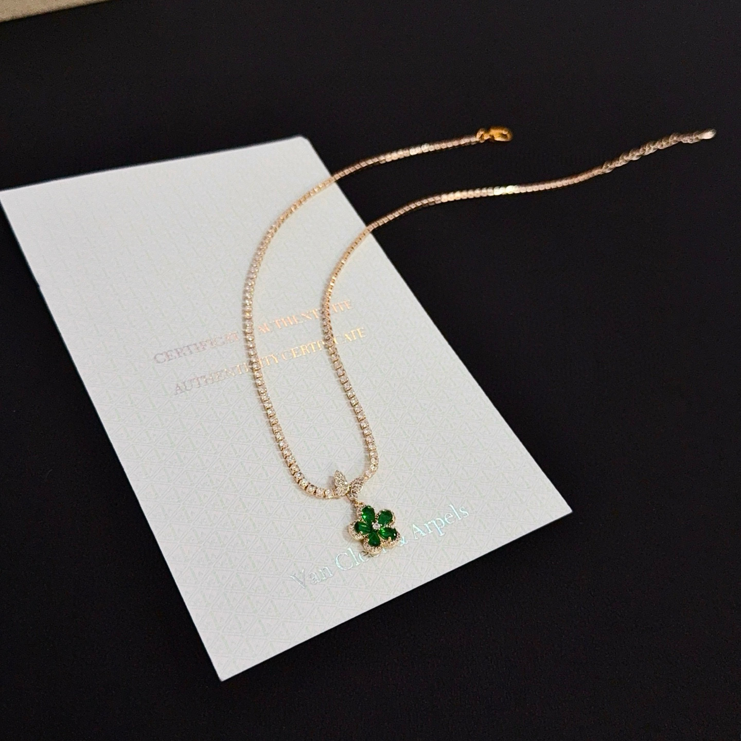 Van Cleef Arpels Alhambra necklace rose gold metal green gemstone clear diamond accents 42cm