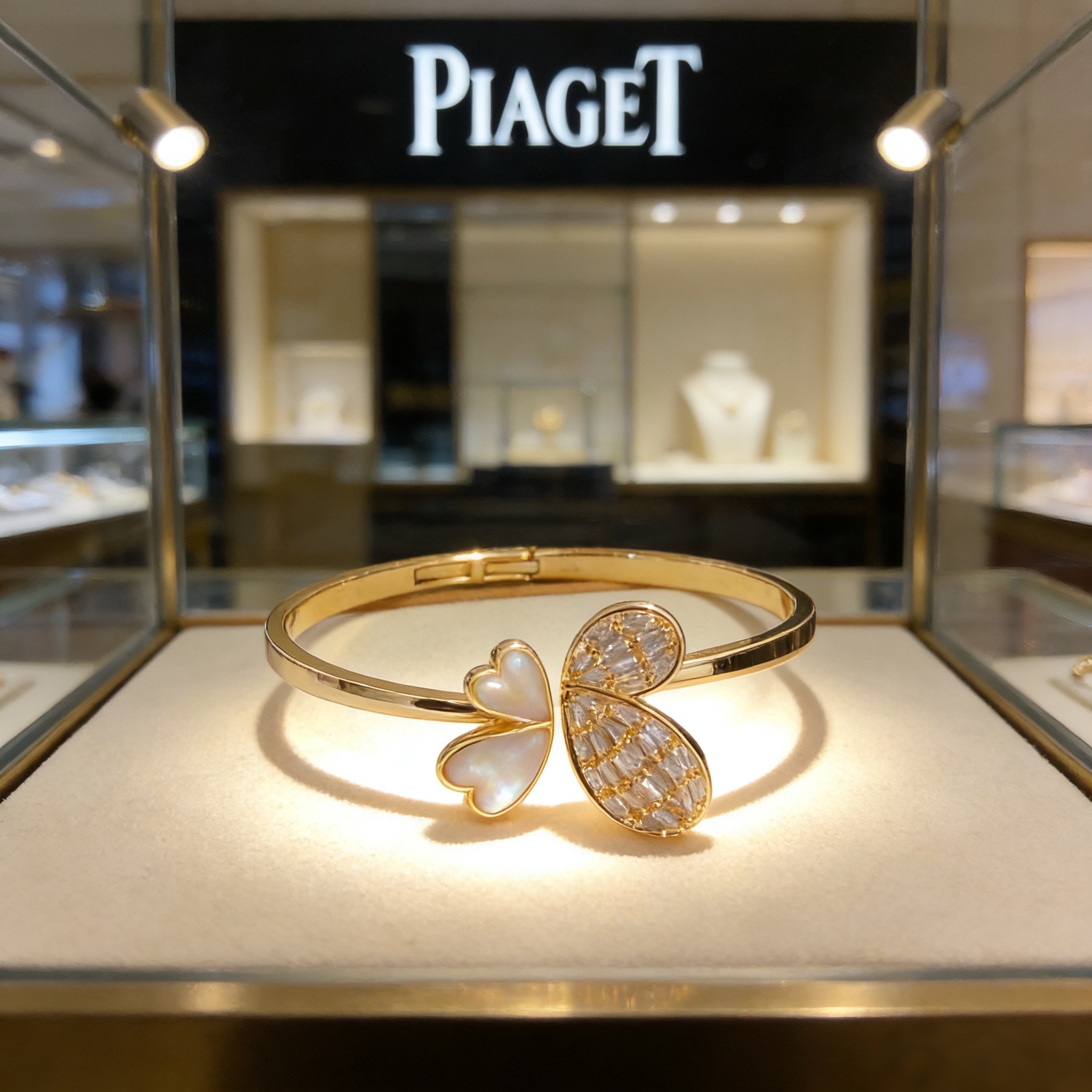 Piaget Butterfly Heart bracelet Yellow gold with white mother-of-pearl and clear baguette-cut diamonds 17cm