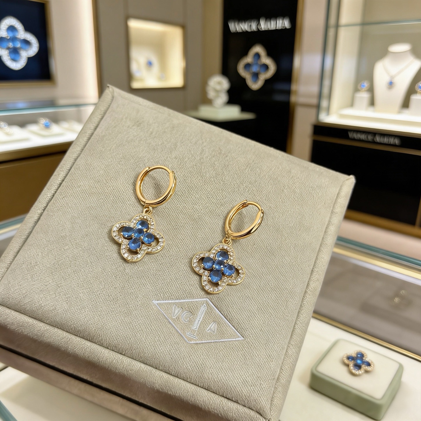 Van Cleef Arpels Alhambra boucles d’oreilles or jaune métal pierres précieuses bleues accents de diamant clair 12mm diamètre du cerceau 15mm pendentif goutte