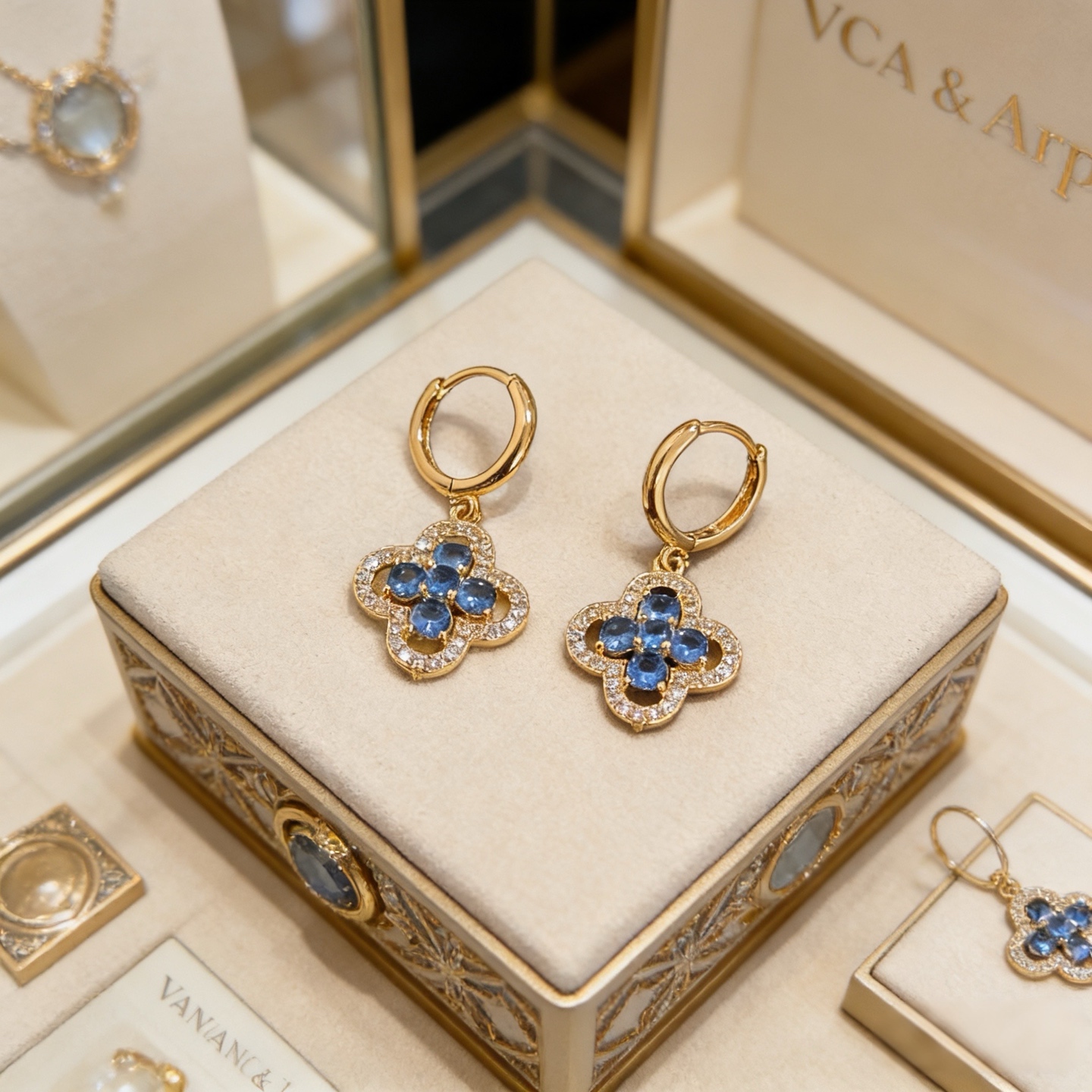 Van Cleef Arpels Alhambra boucles d’oreilles or jaune métal pierres précieuses bleues accents de diamant clair 12mm diamètre du cerceau 15mm pendentif goutte