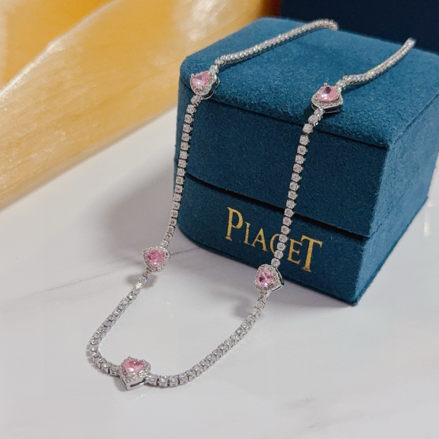 Piaget Heart Diamond Tennis Bracelet bracelet Silver-toned white gold with clear diamonds and pink heart-shaped gemstones 17cm