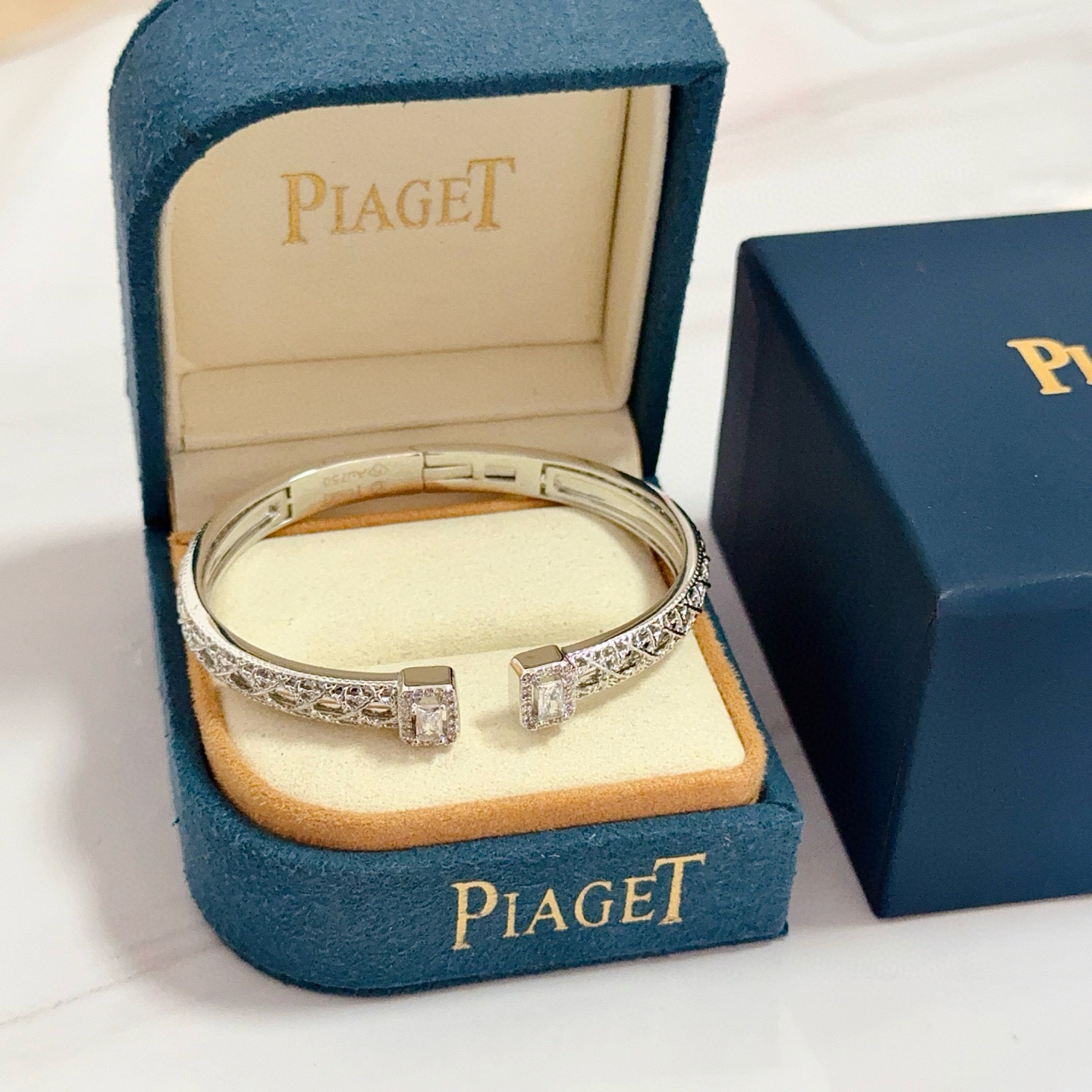 Piaget Possession Open Cuff Bangle bracelet 18K white gold with clear diamond accents 16cm inner circumference