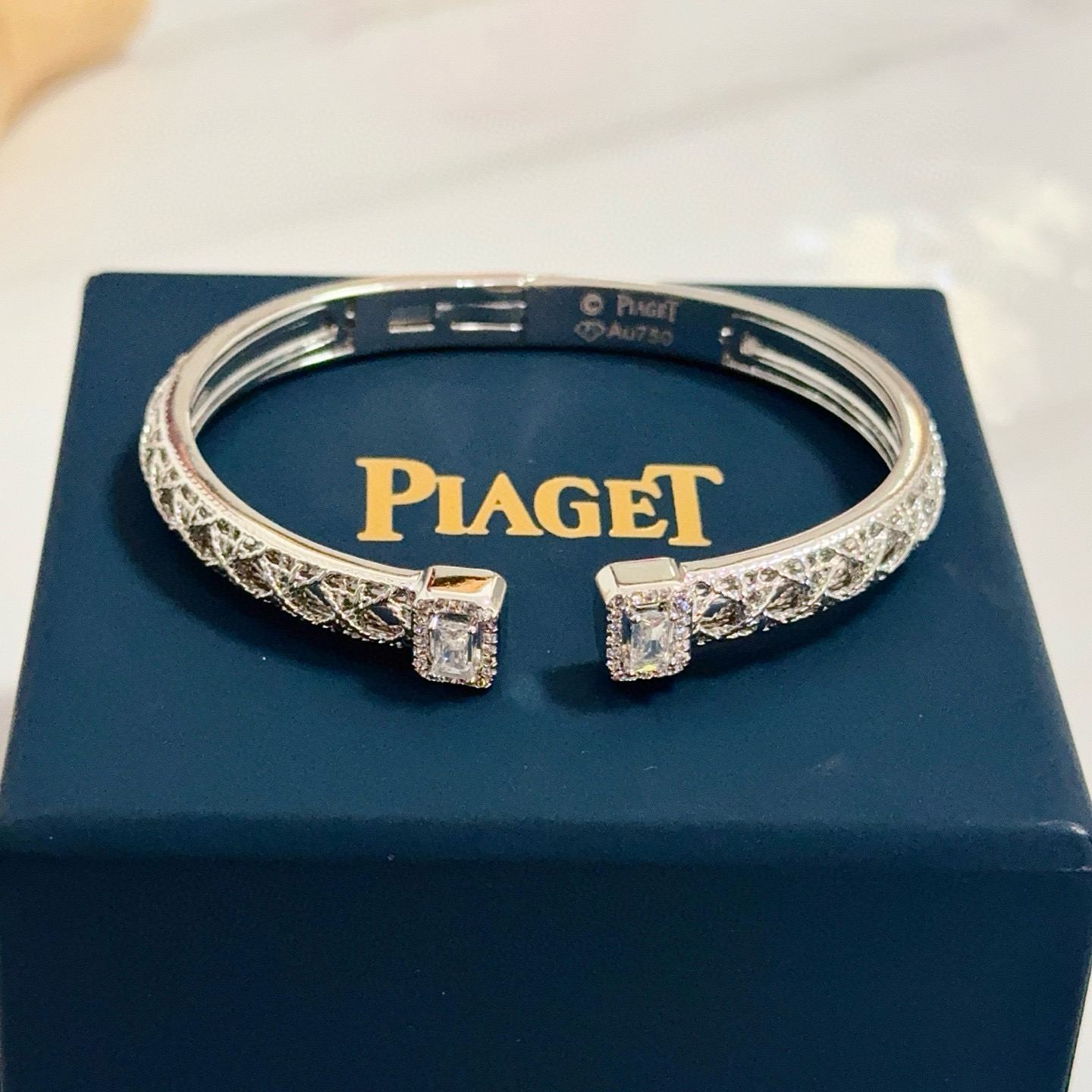 Piaget Possession Open Cuff Bangle bracelet 18K white gold with clear diamond accents 16cm inner circumference