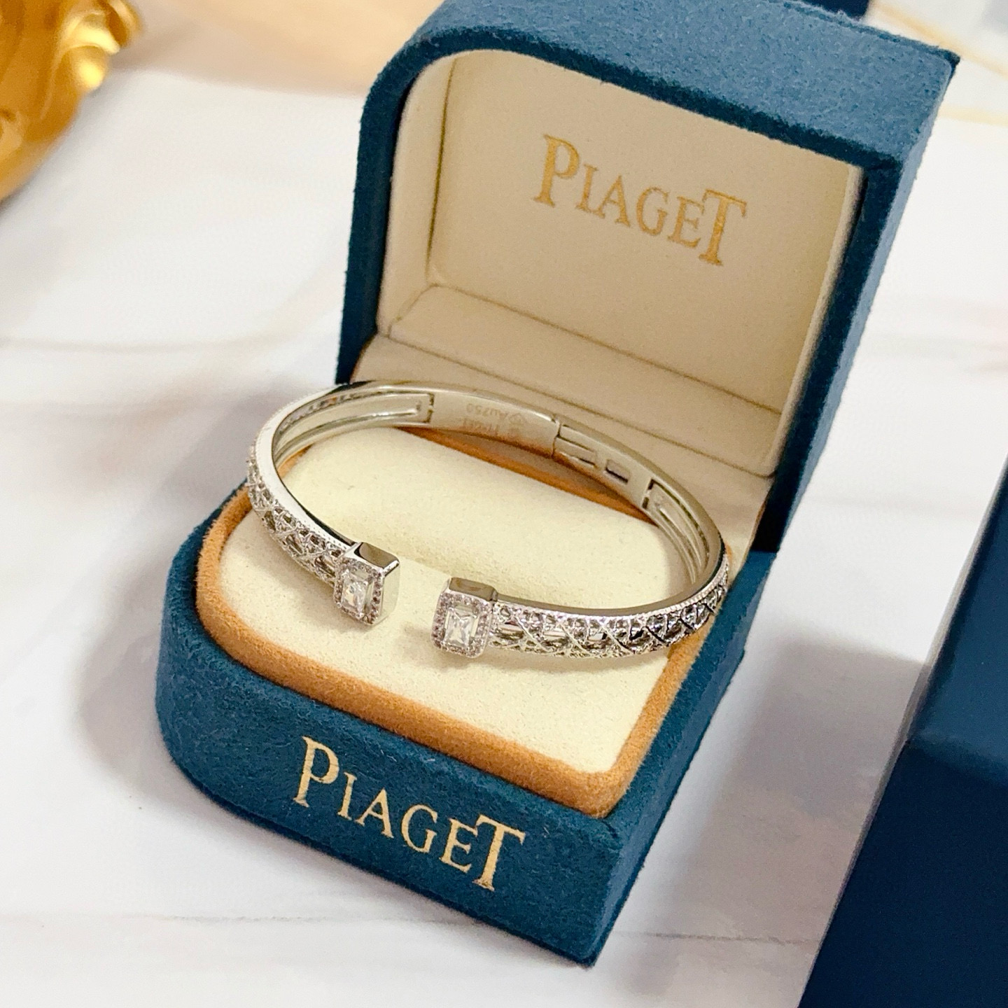Piaget Possession Open Cuff Bangle bracelet 18K white gold with clear diamond accents 16cm inner circumference