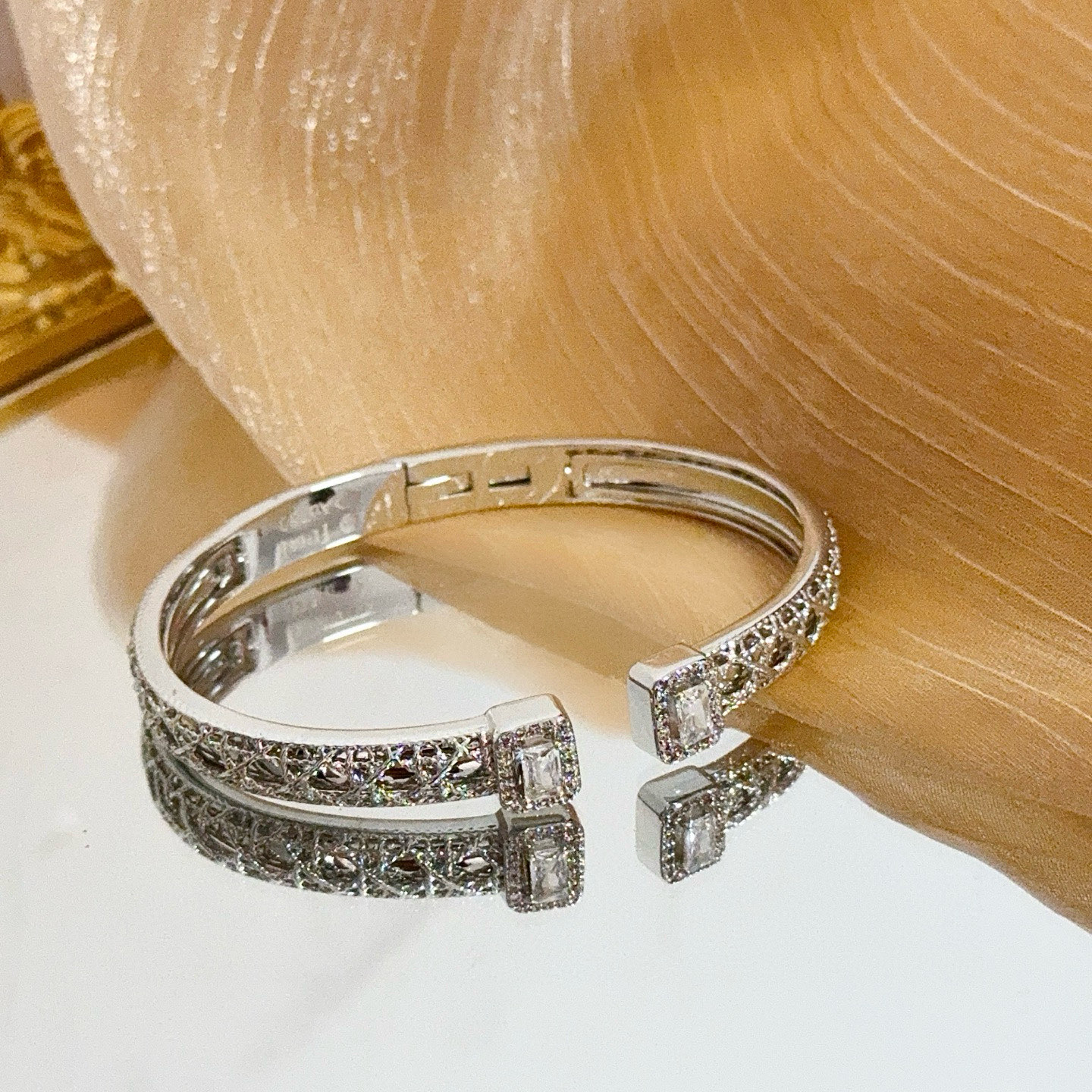 Piaget Possession Open Cuff Bangle bracelet 18K white gold with clear diamond accents 16cm inner circumference