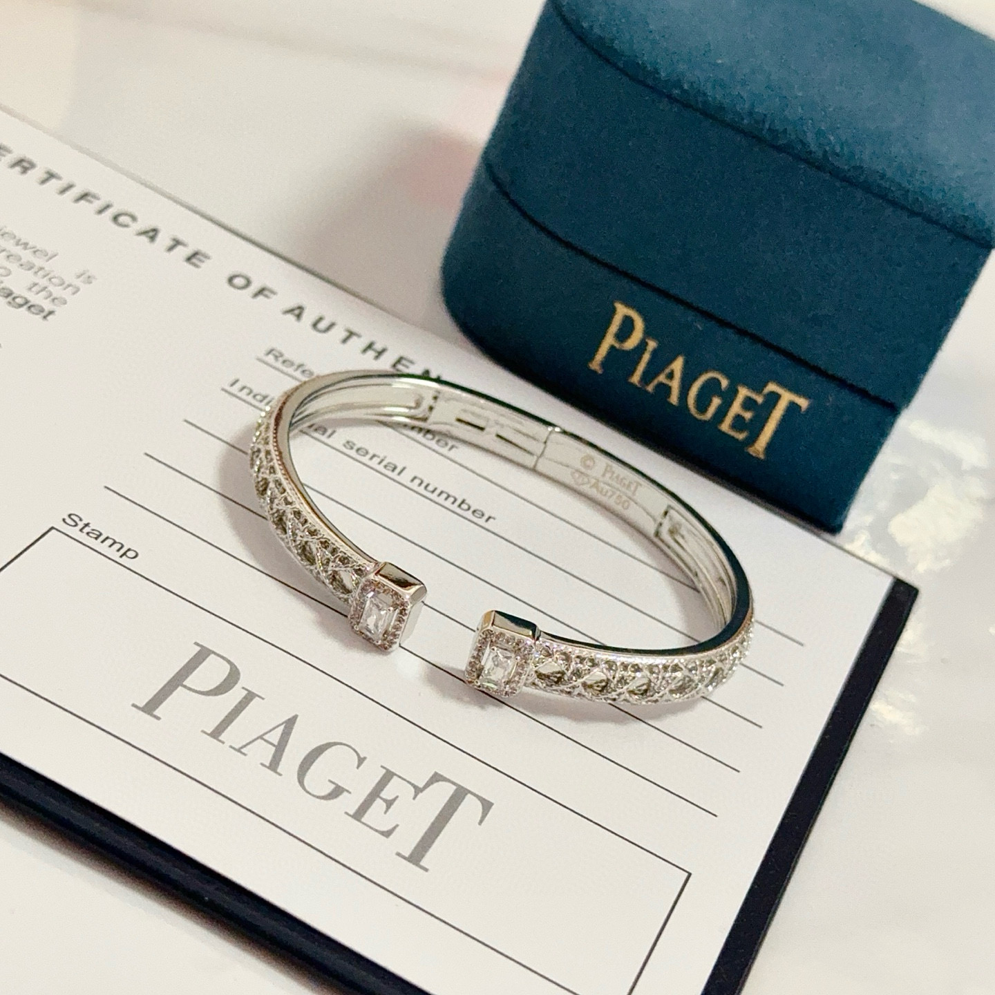 Piaget Possession Open Cuff Bangle bracelet 18K white gold with clear diamond accents 16cm inner circumference