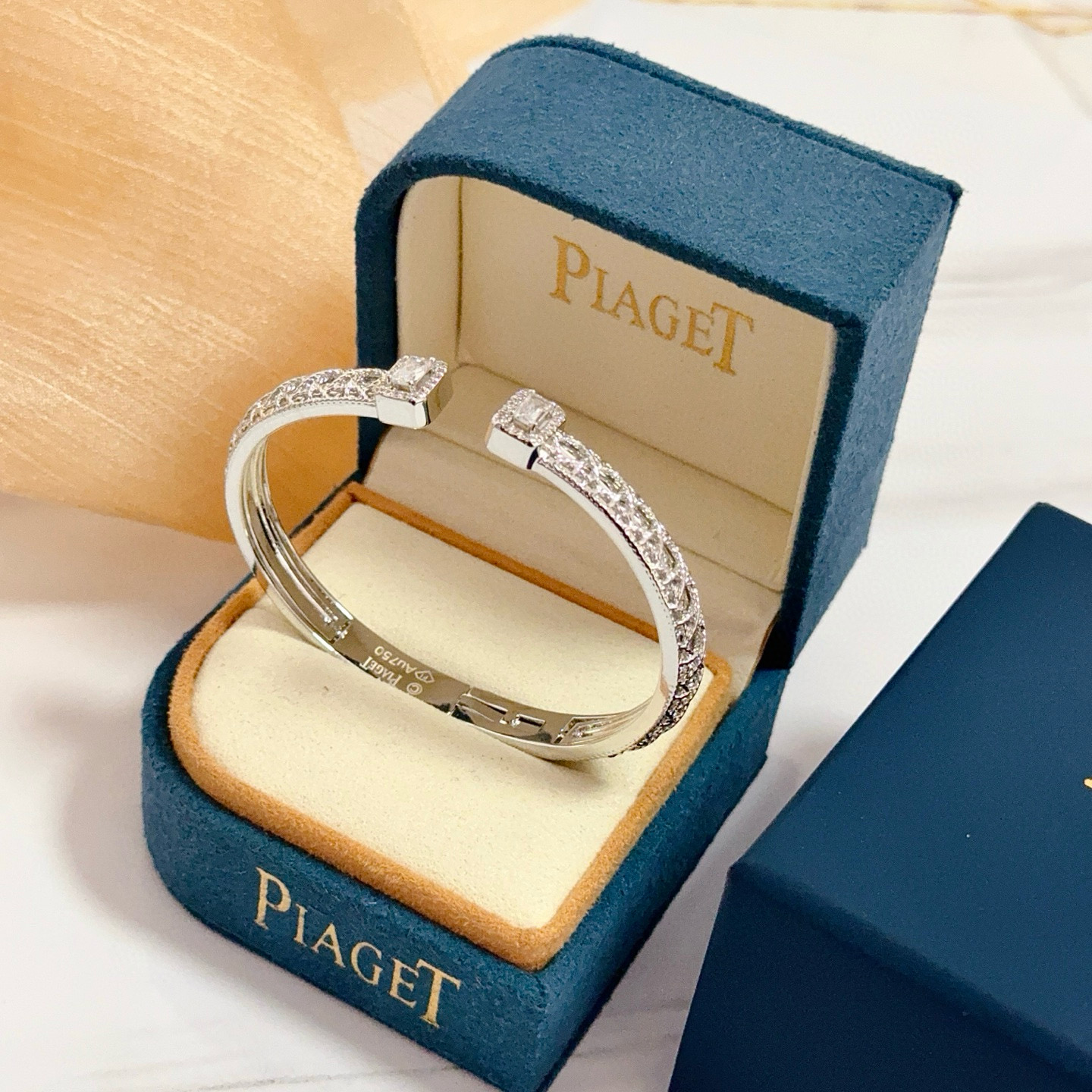 Piaget Possession Open Cuff Bangle bracelet 18K white gold with clear diamond accents 16cm inner circumference