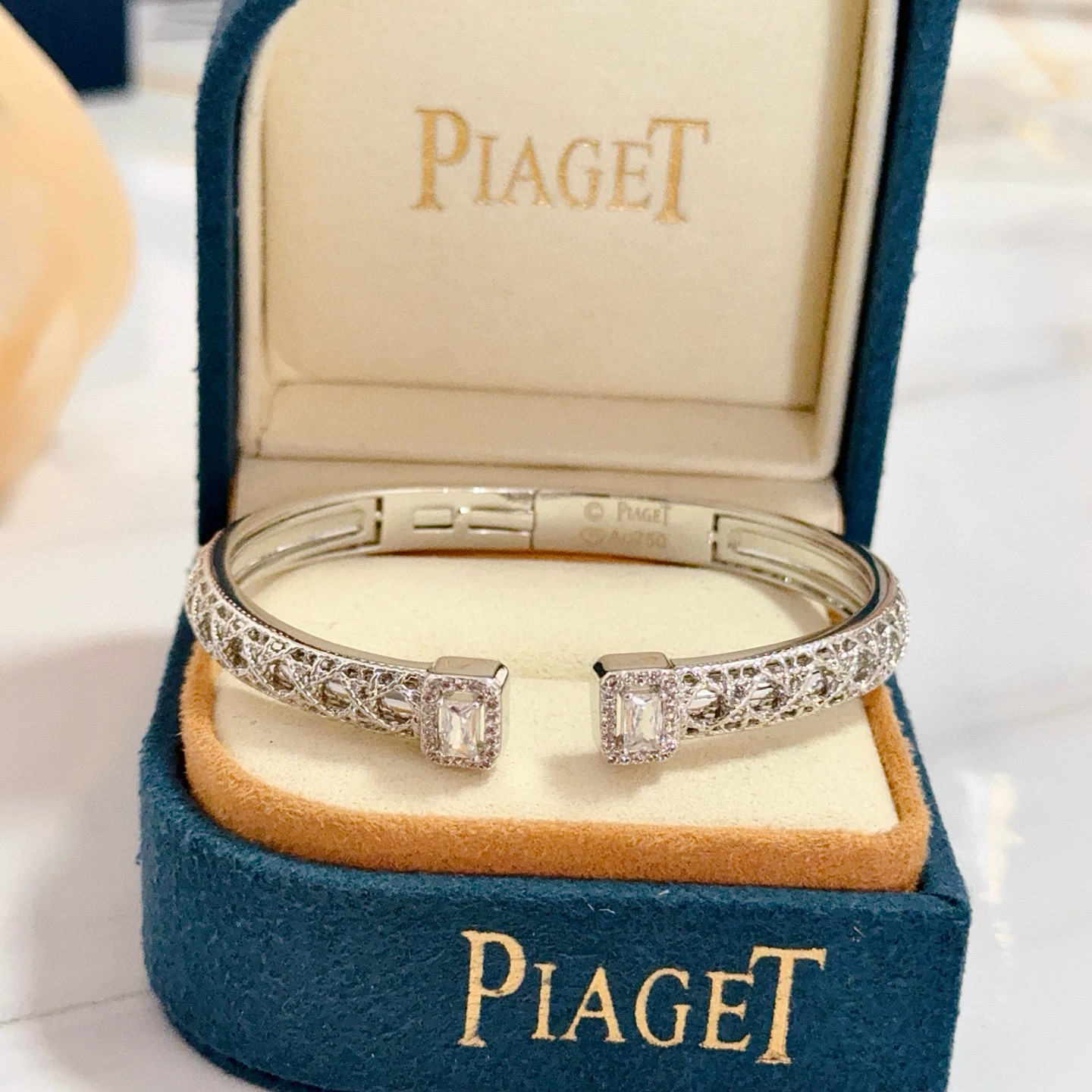 Piaget Possession Open Cuff Bangle bracelet 18K white gold with clear diamond accents 16cm inner circumference