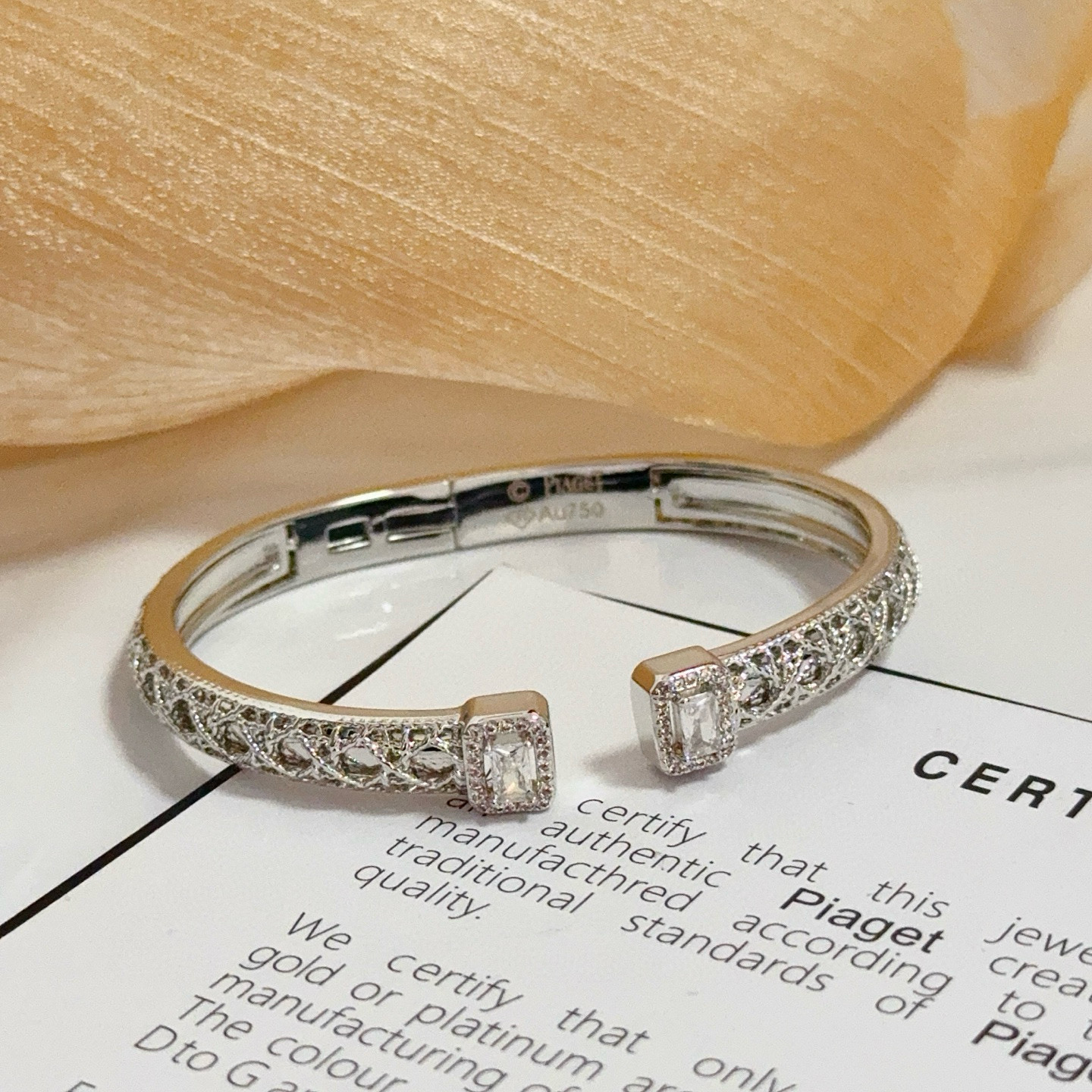 Piaget Possession Open Cuff Bangle bracelet 18K white gold with clear diamond accents 16cm inner circumference