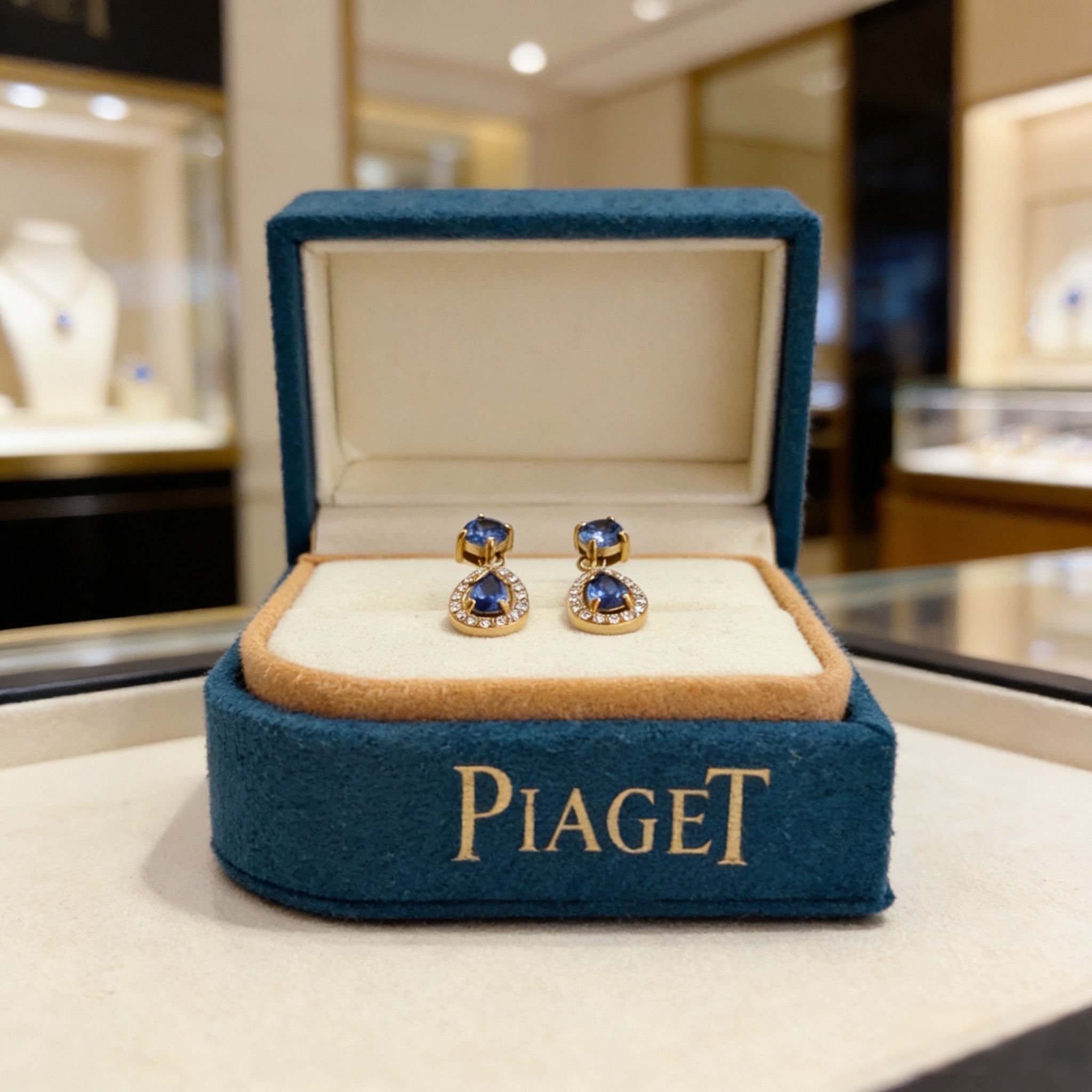 Piaget Rose Passion earrings 18k yellow gold blue sapphire white diamond 1 5cm drop length