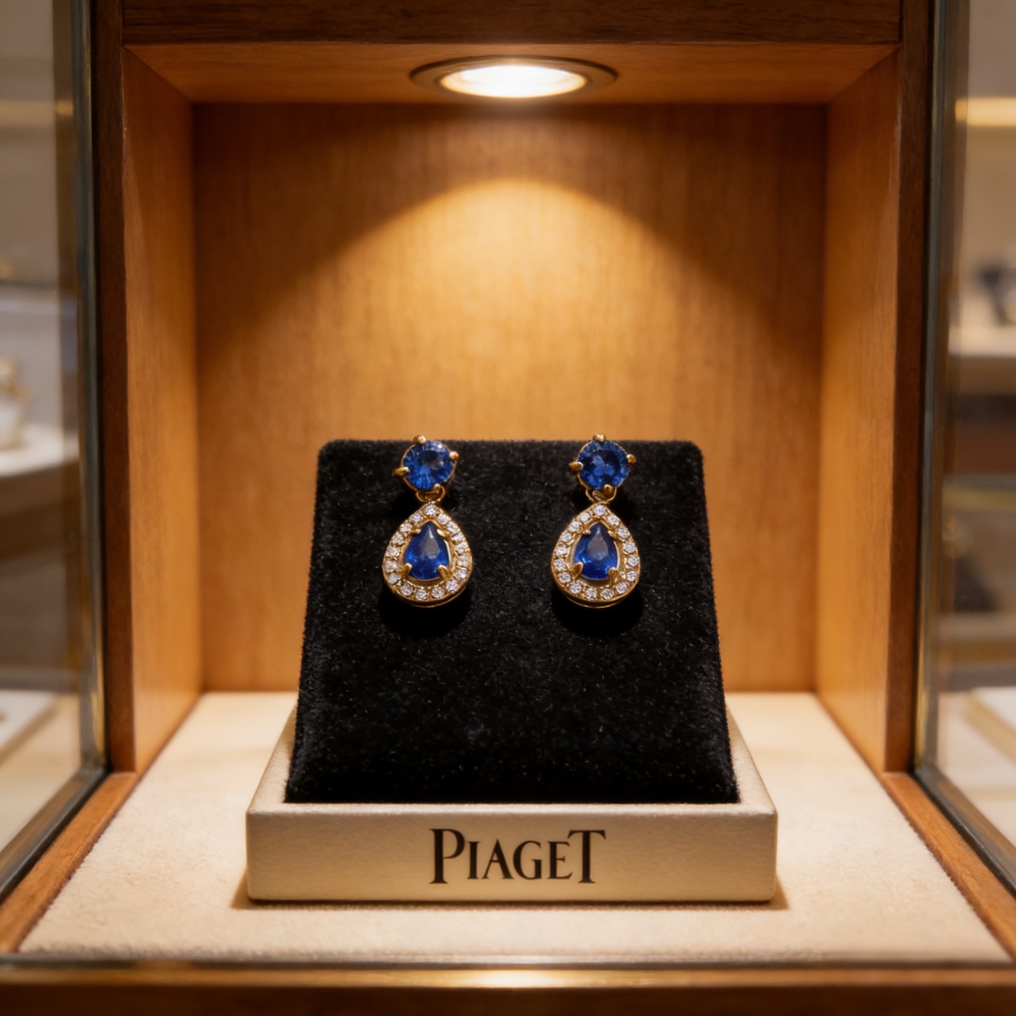 Piaget Rose Passion earrings 18k yellow gold blue sapphire white diamond 1 5cm drop length