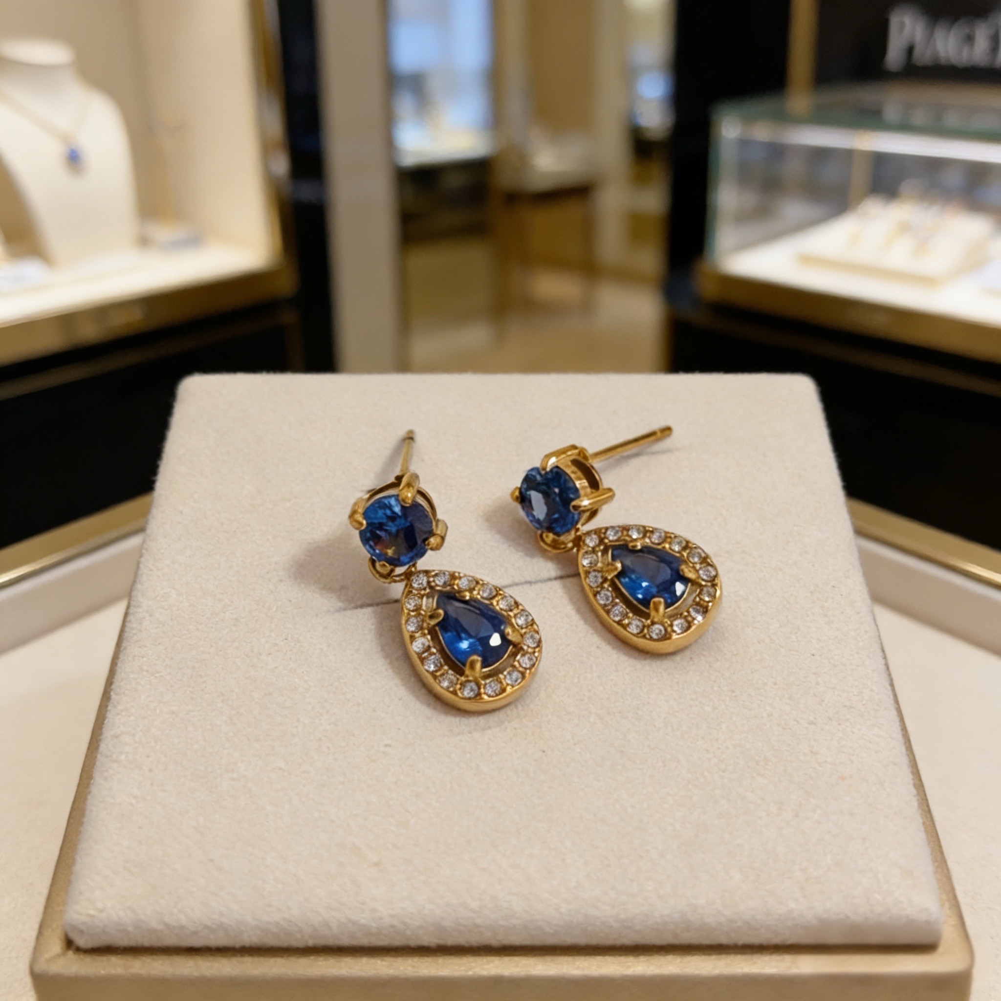 Piaget Rose Passion earrings 18k yellow gold blue sapphire white diamond 1 5cm drop length