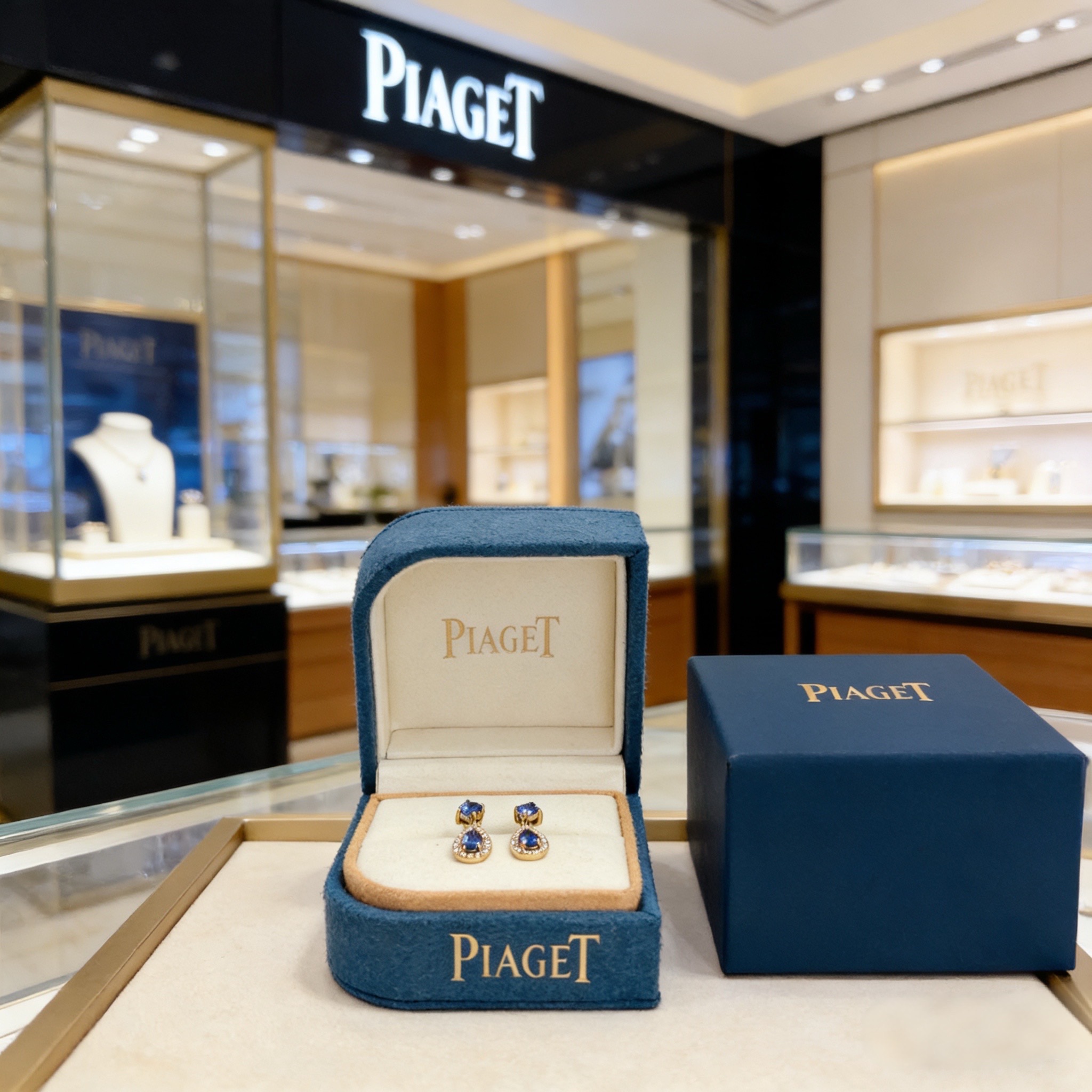 Piaget Rose Passion earrings 18k yellow gold blue sapphire white diamond 1 5cm drop length