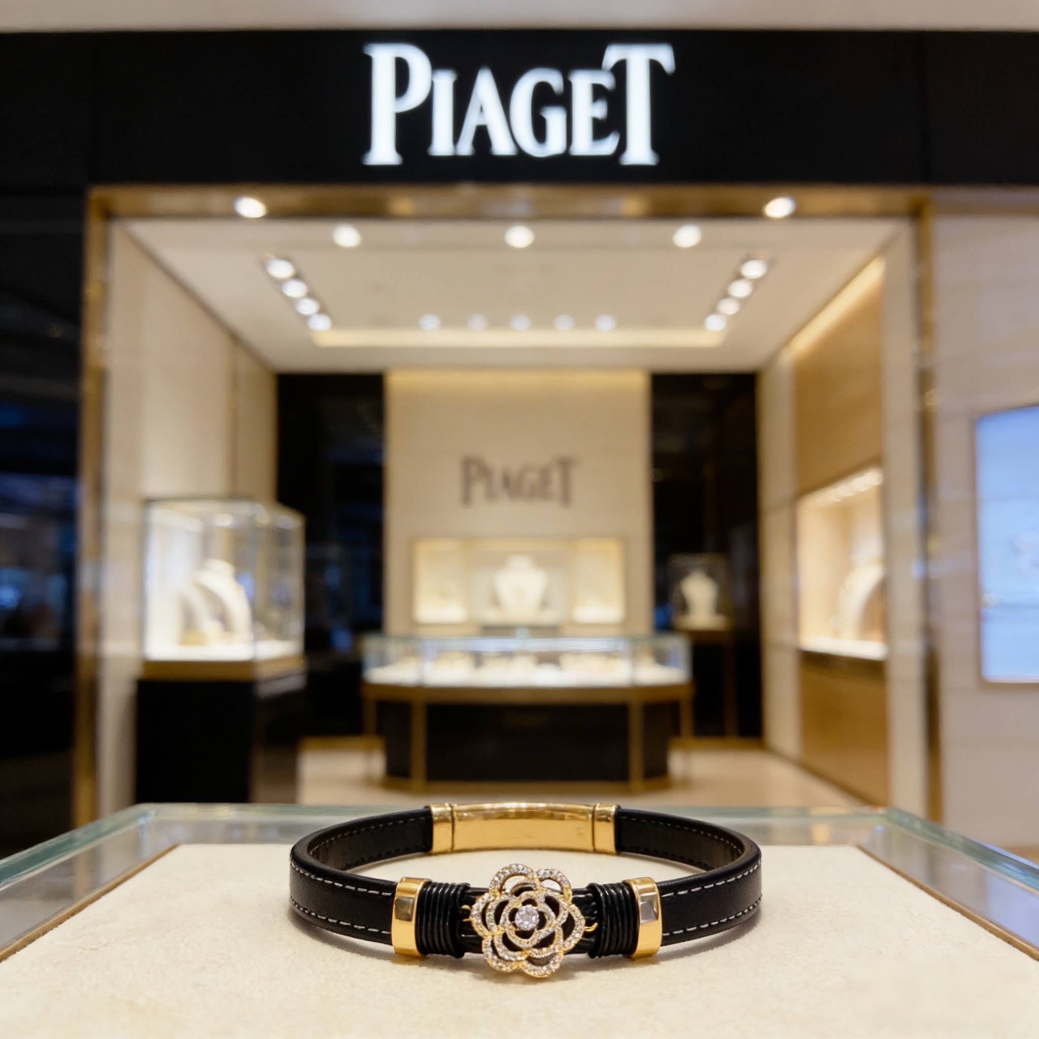Piaget Rose bracelet Yellow gold black leather clear diamond 17cm