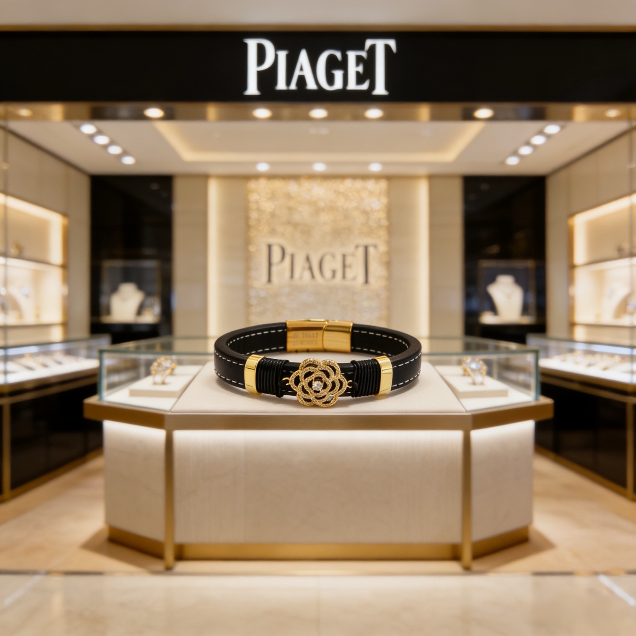 Piaget Rose bracelet Yellow gold black leather clear diamond 17cm