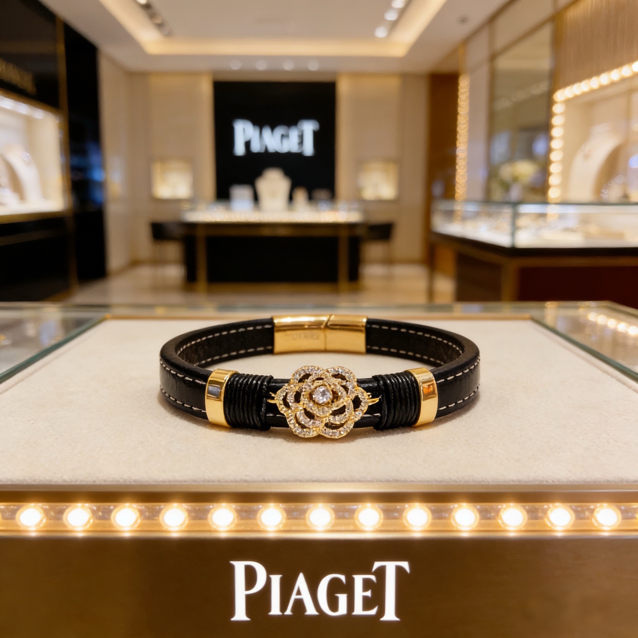 Piaget Rose bracelet Yellow gold black leather clear diamond 17cm
