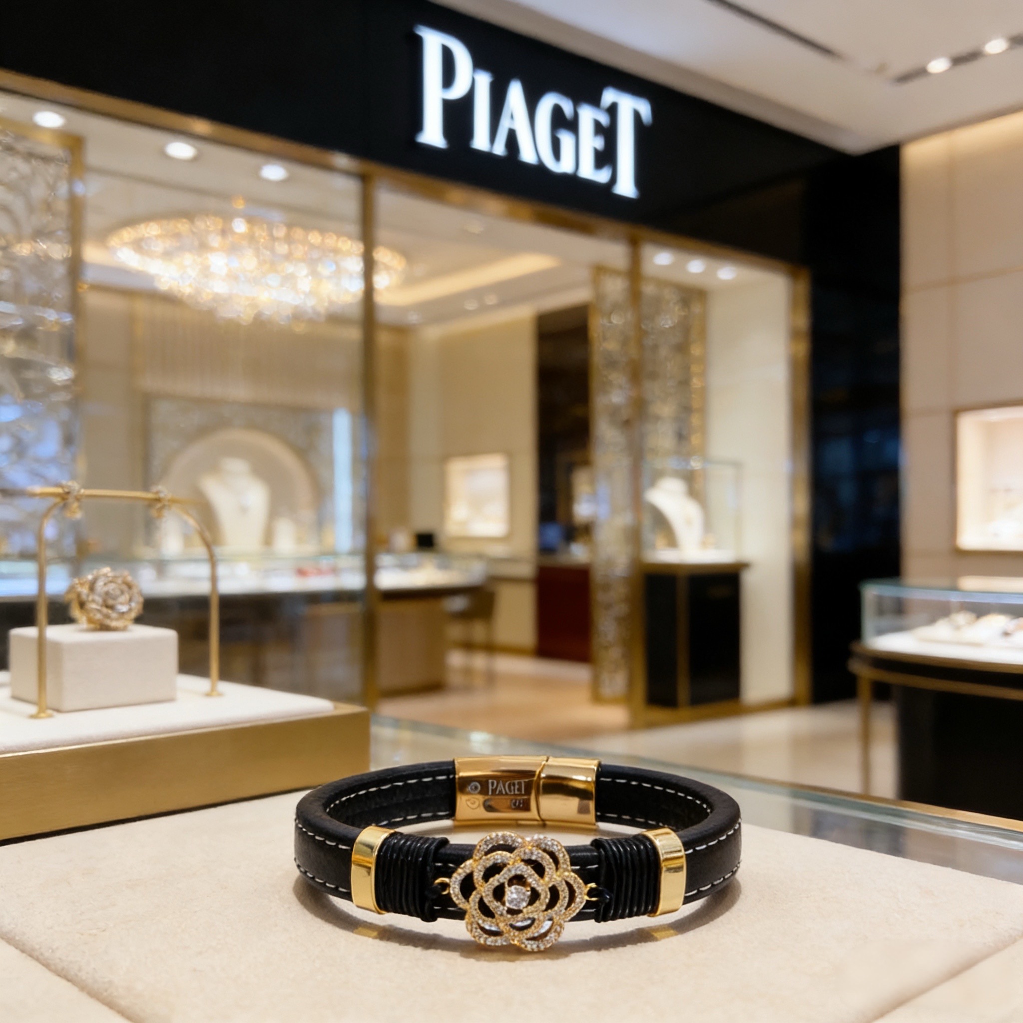 Piaget Rose bracelet Yellow gold black leather clear diamond 17cm