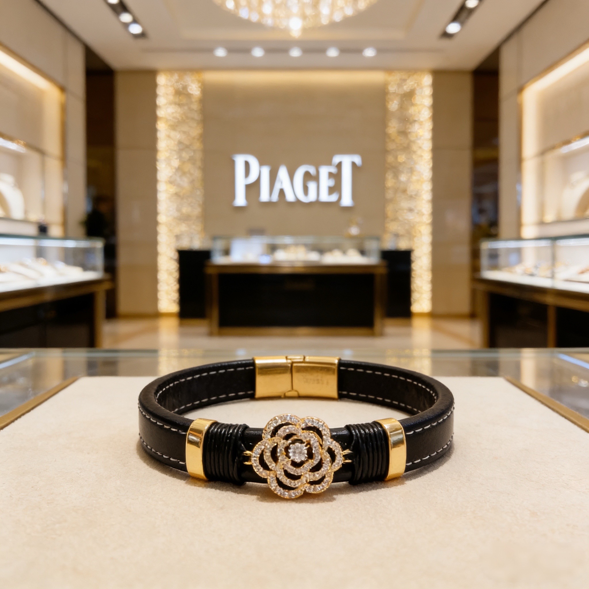 Piaget Rose bracelet Yellow gold black leather clear diamond 17cm