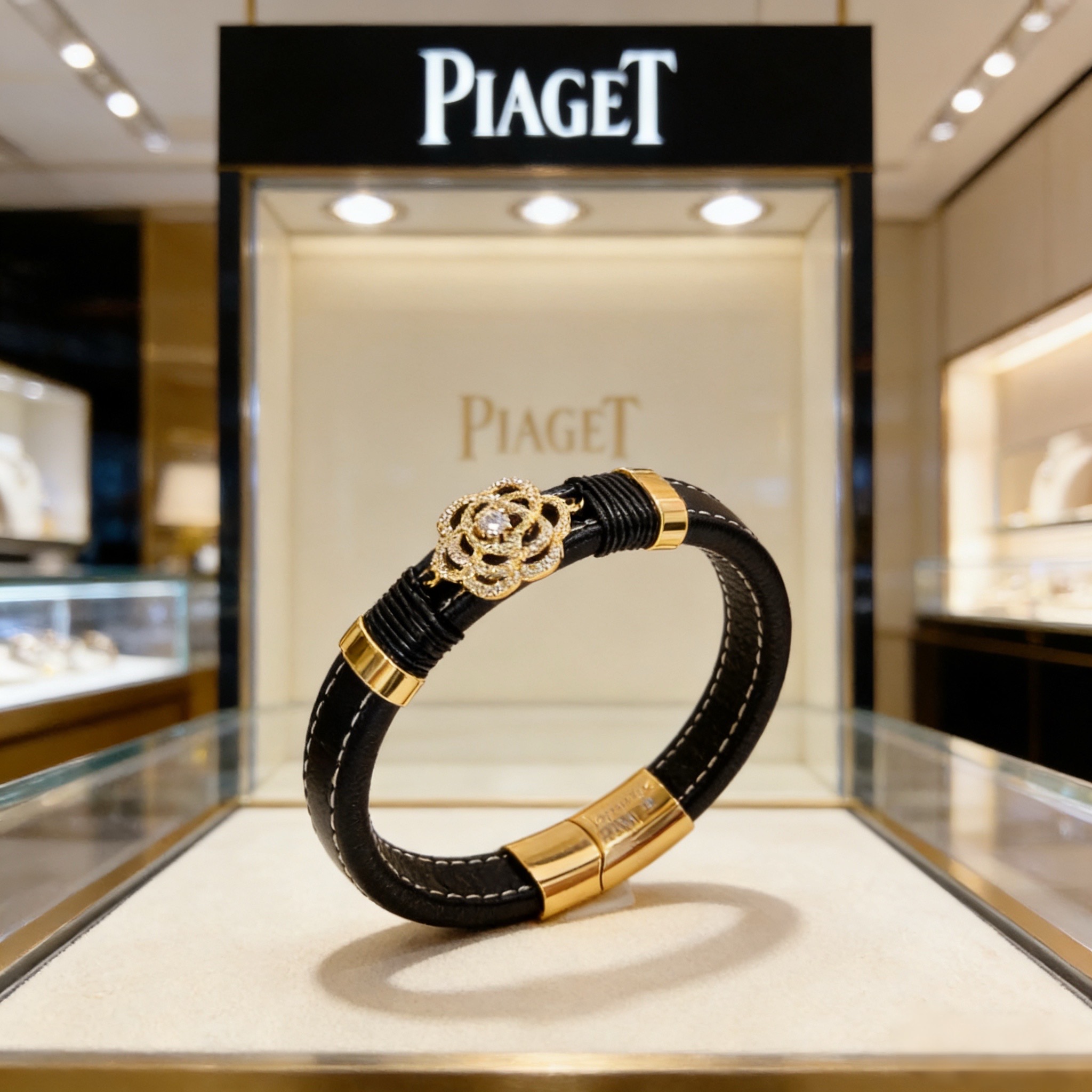 Piaget Rose bracelet Yellow gold black leather clear diamond 17cm