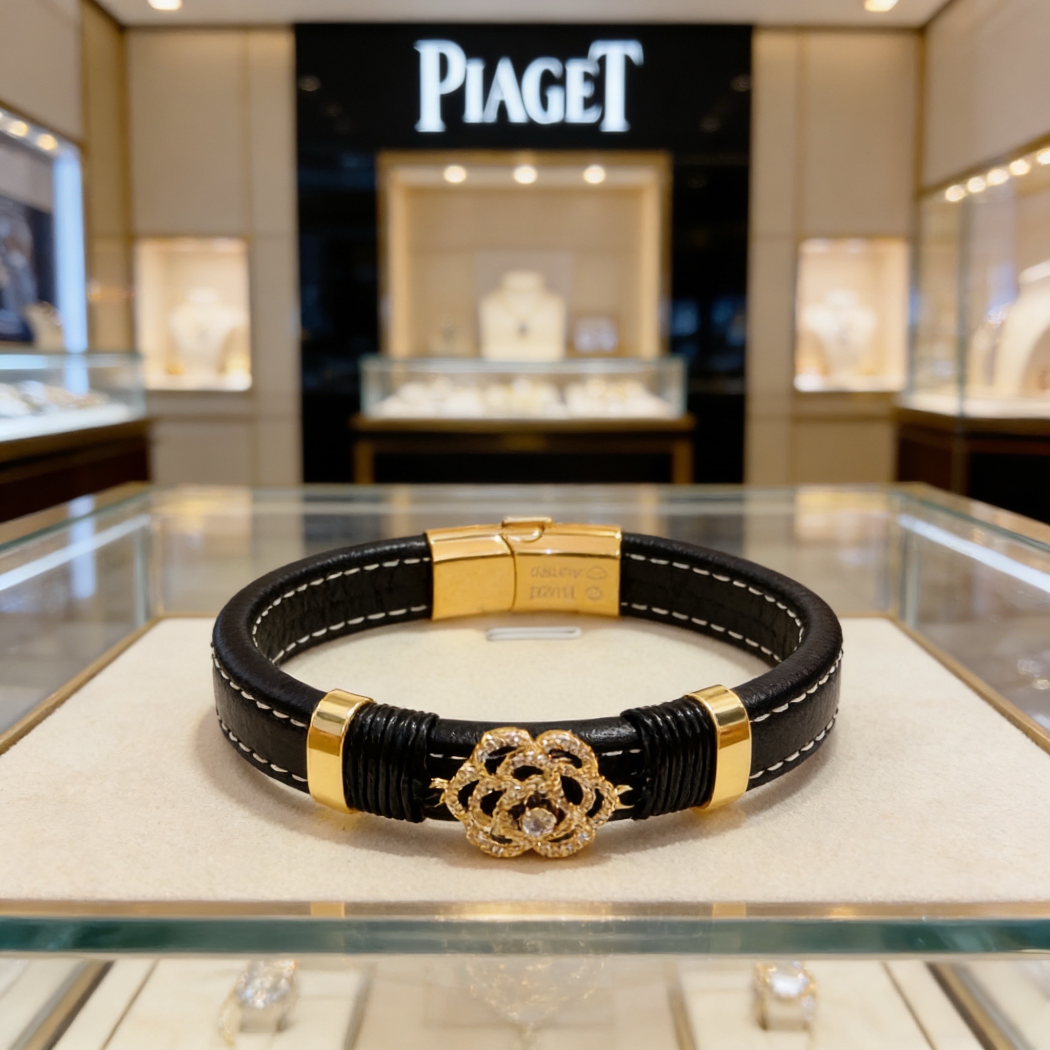 Piaget Rose bracelet Yellow gold black leather clear diamond 17cm