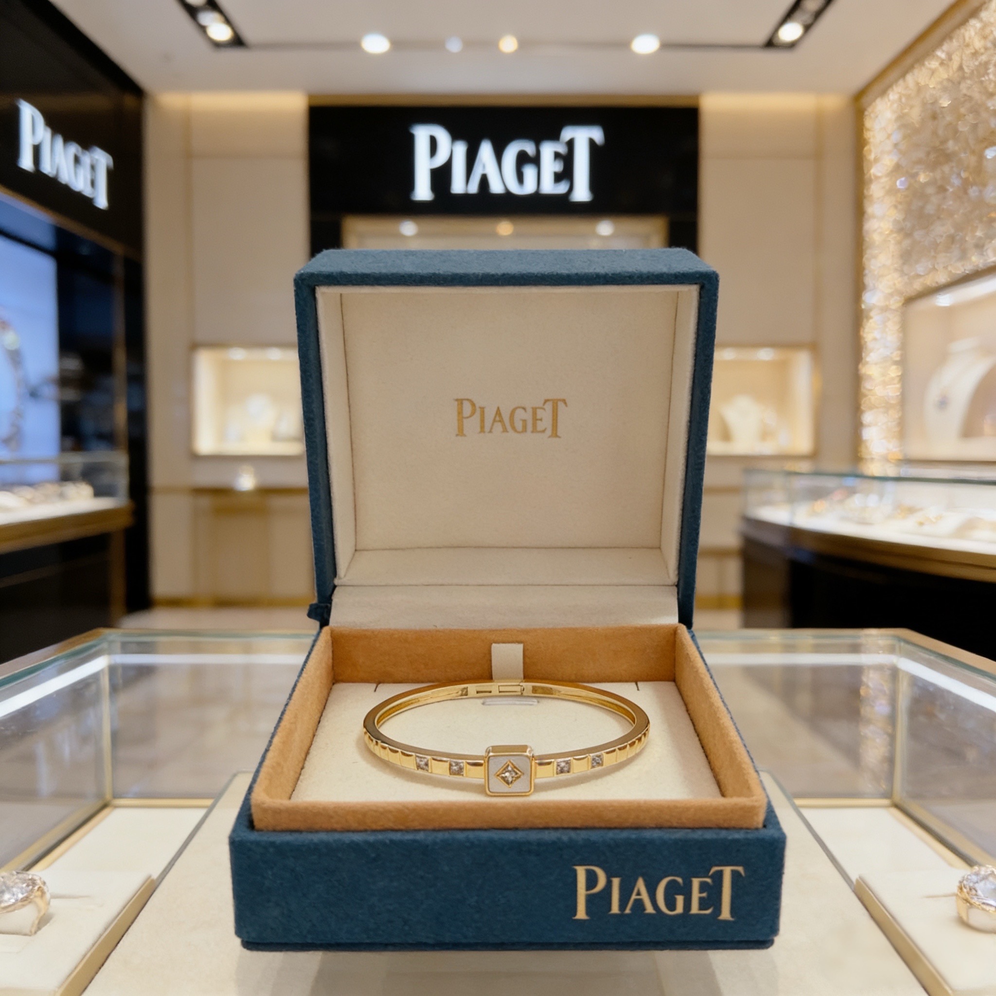 Piaget Possession bracelet yellow gold metal white mother-of-pearl inlay clear diamond accents 17cm inner circumference