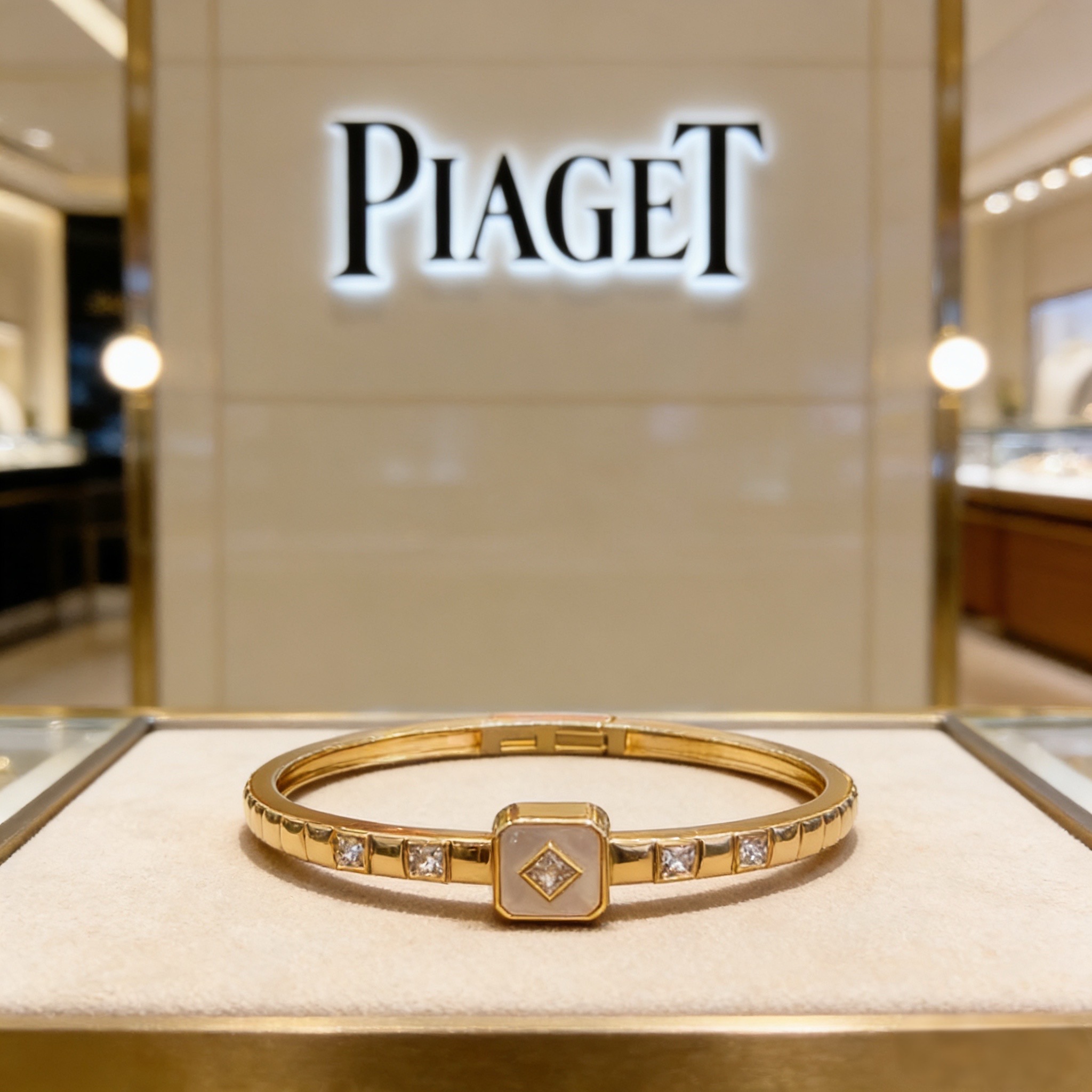 Piaget Possession bracelet yellow gold metal white mother-of-pearl inlay clear diamond accents 17cm inner circumference