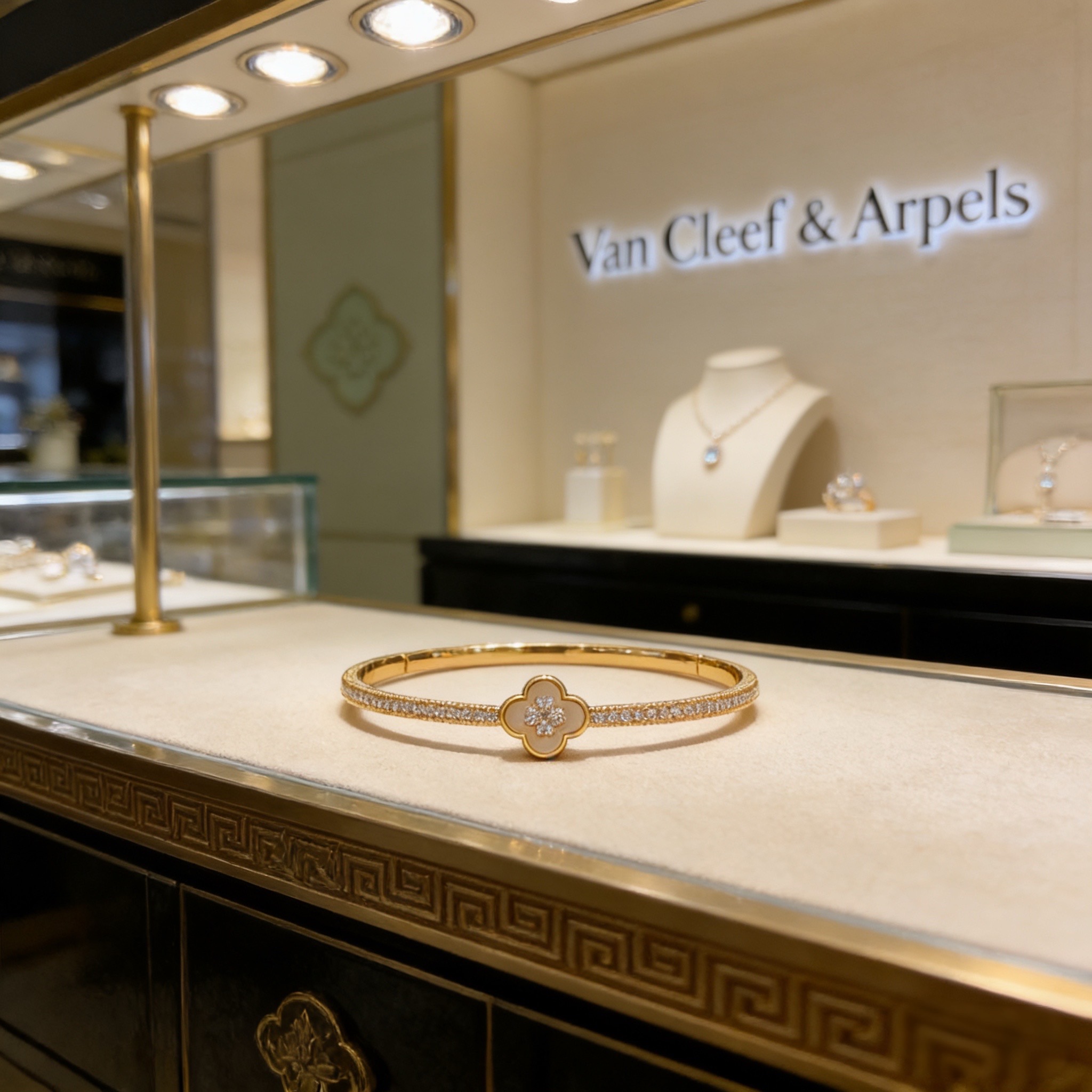 Van Cleef Arpels Lucky Spring Plum Blossom Bracciale rigido Oro giallo metallo bianco madreperla accenti di diamanti trasparenti Circonferenza interna 17 cm
