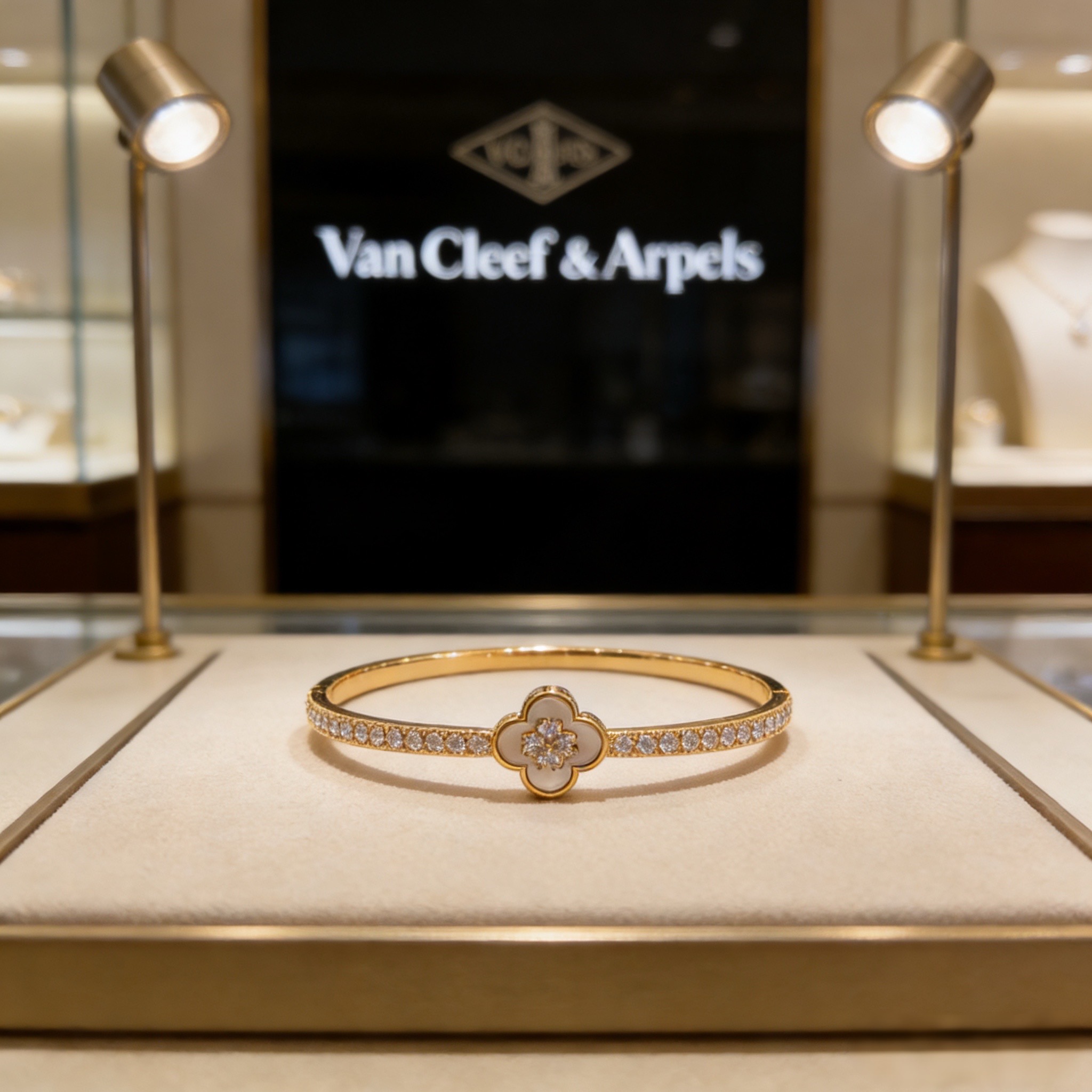 Van Cleef Arpels Lucky Spring Plum Blossom Bracciale rigido Oro giallo metallo bianco madreperla accenti di diamanti trasparenti Circonferenza interna 17 cm