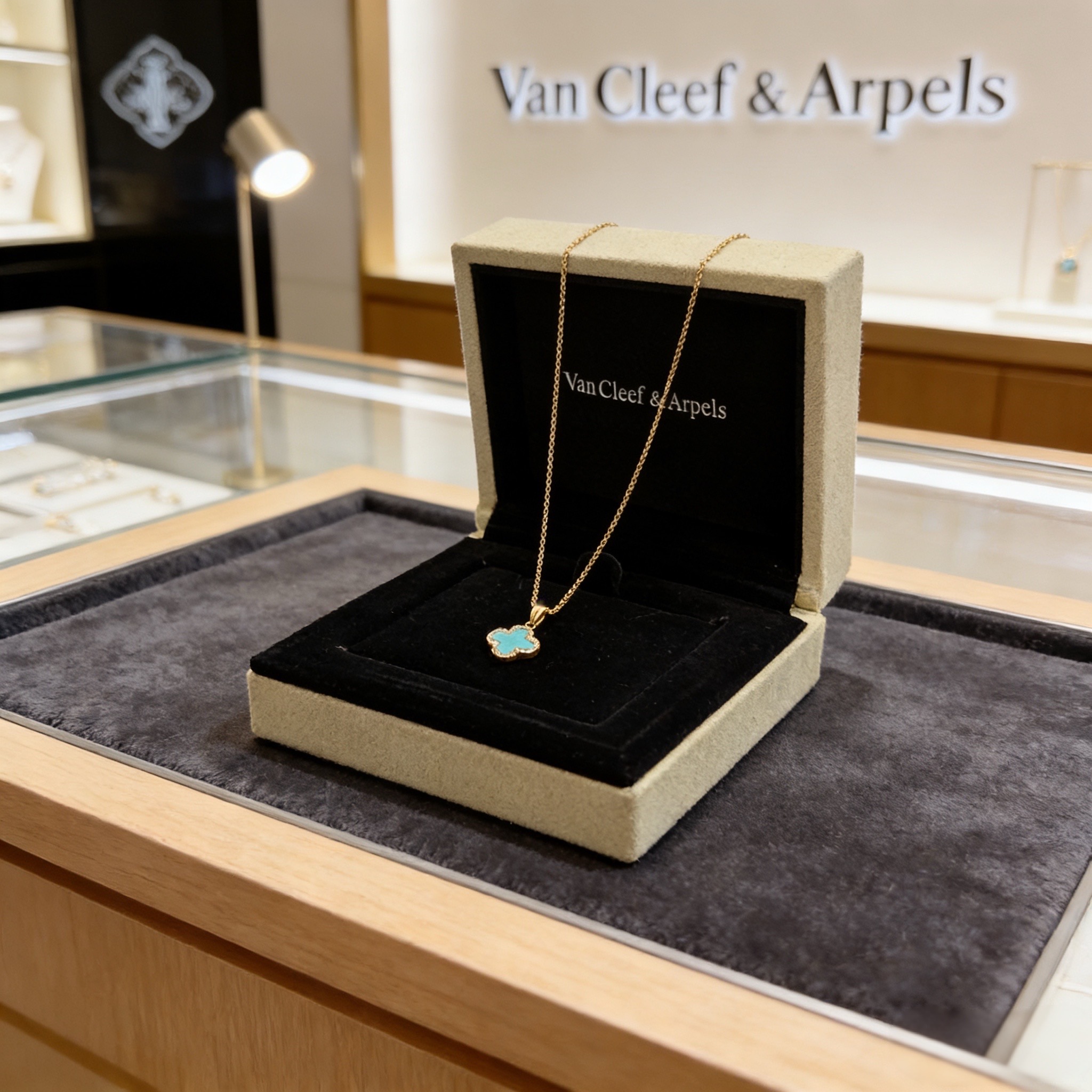 Collana Van Cleef Arpels Alhambra Metallo in oro giallo con intarsio di trifoglio blu turchese e pietre con accenti di diamanti trasparenti 42 cm