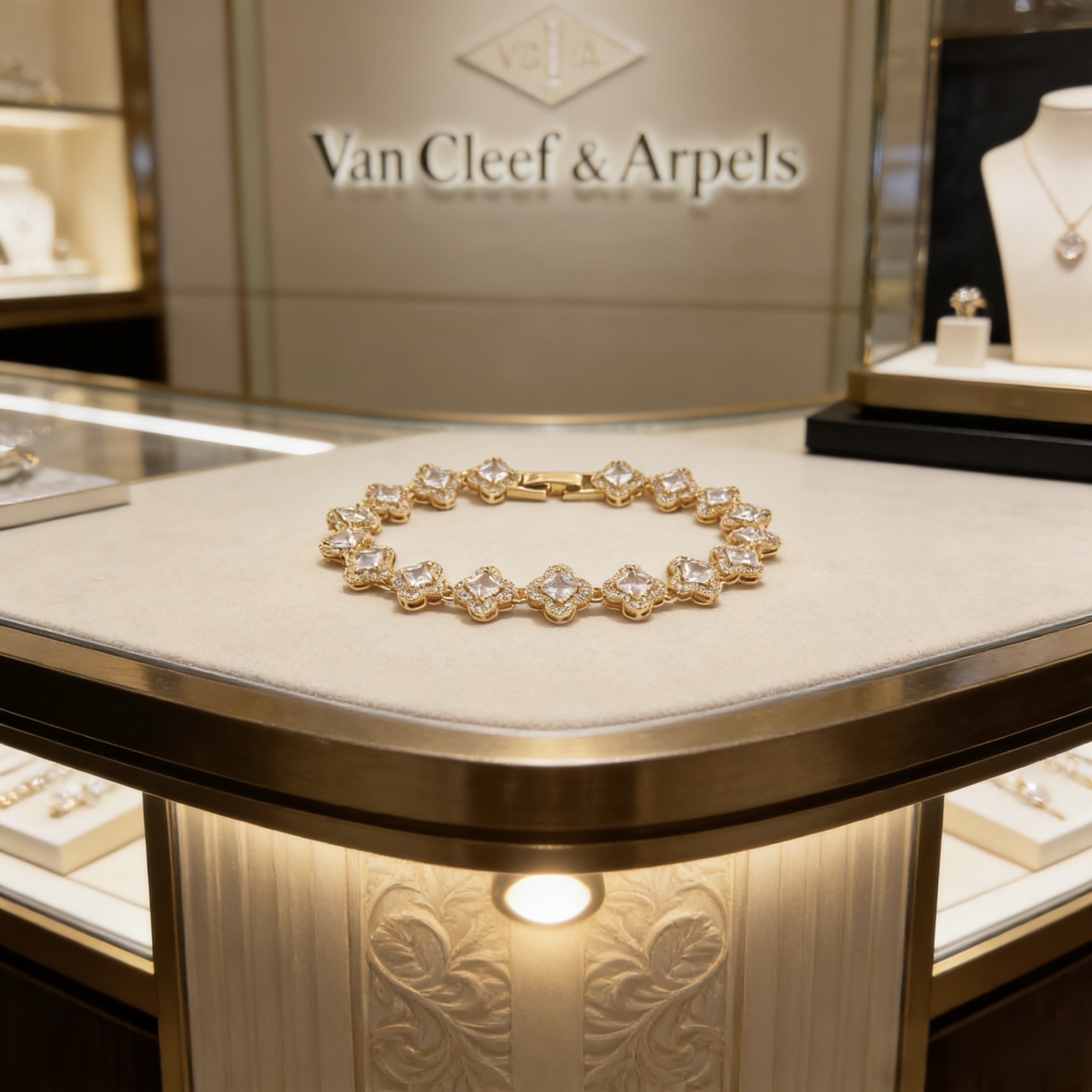 Van Cleef Arpels Alhambra bracelet yellow gold with clear faceted gemstones 18cm