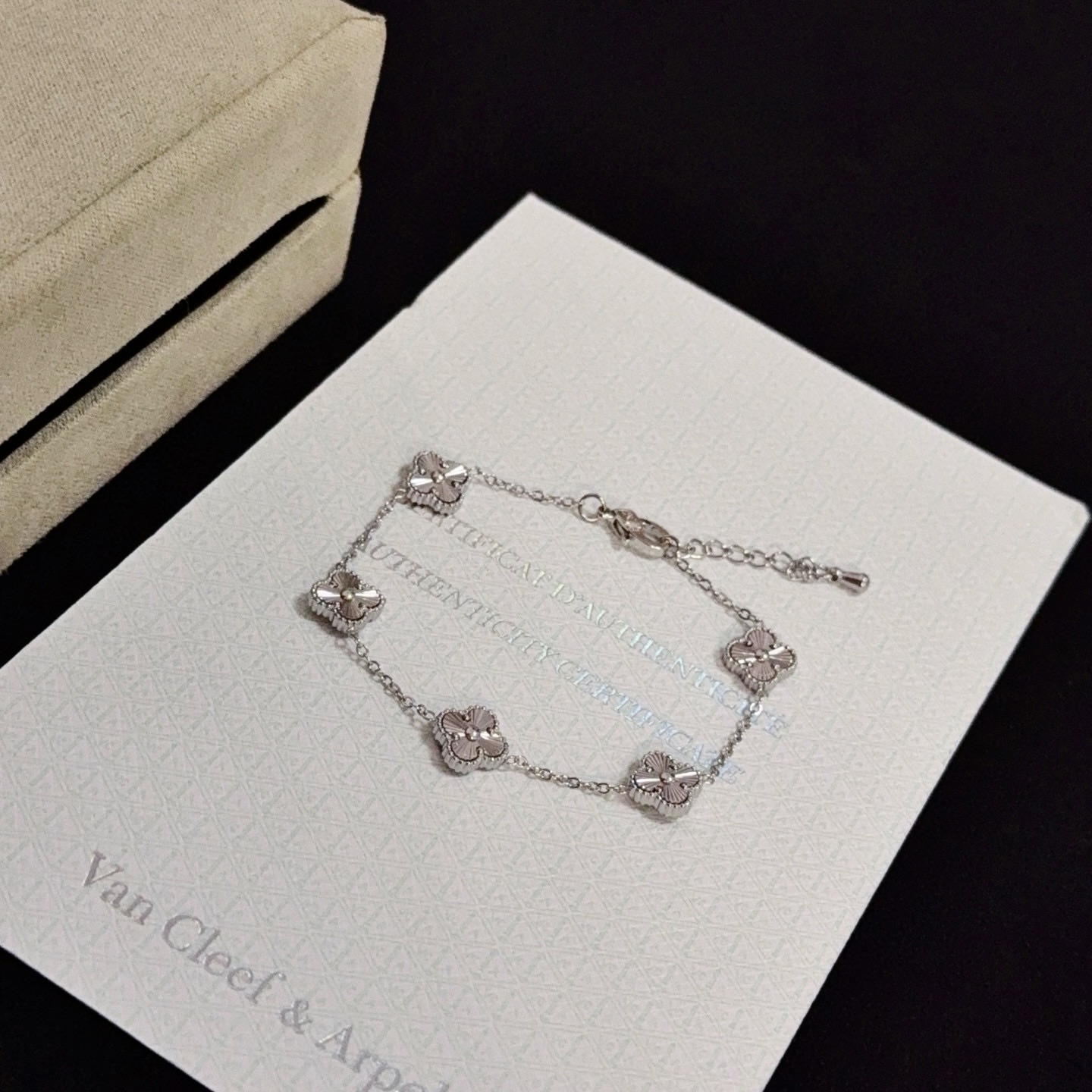 Van Cleef Arpels Alhambra bracelet silver white gold with clear diamond accents 19cm