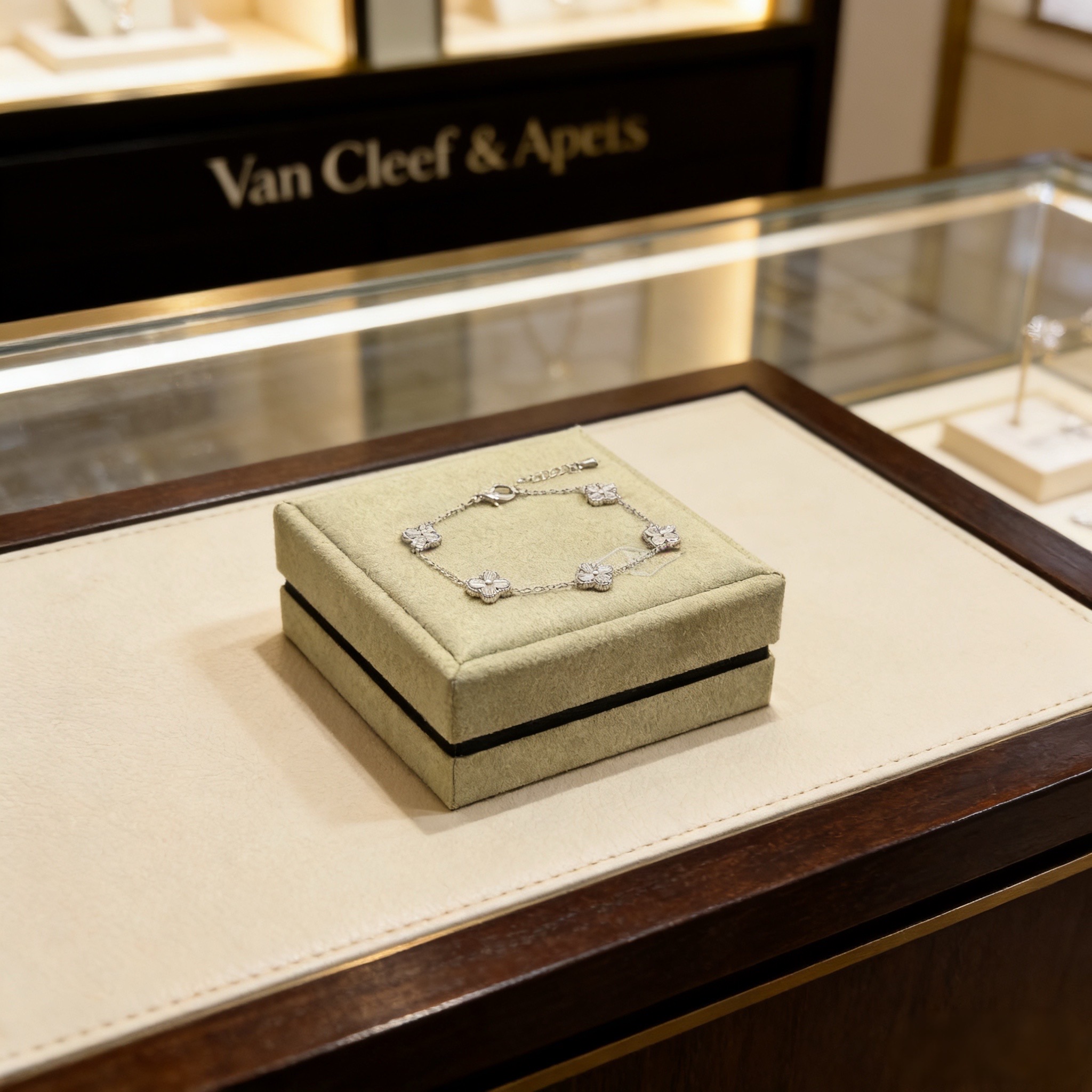 Van Cleef Arpels Alhambra bracelet silver white gold with clear diamond accents 19cm