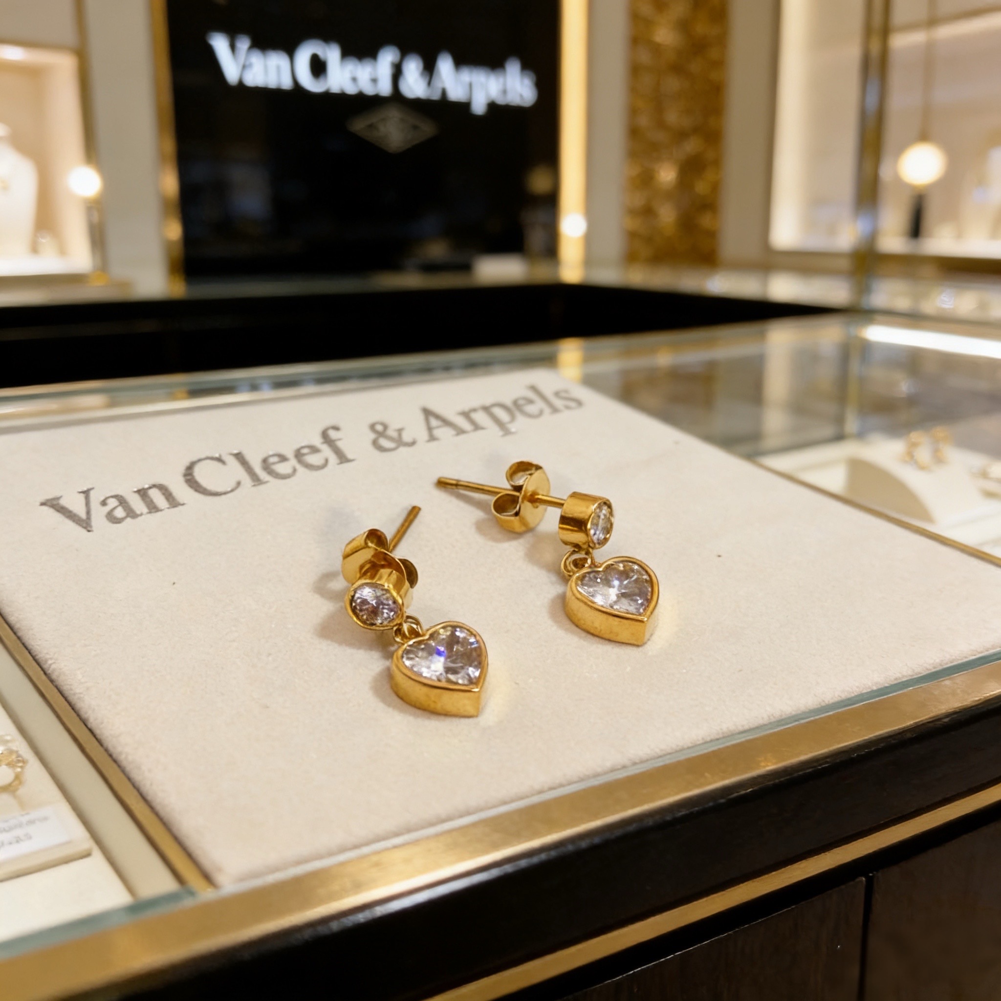 Van Cleef Arpels Heart Drop earrings yellow gold with clear faceted heart-cut stones 1 2cm drop length