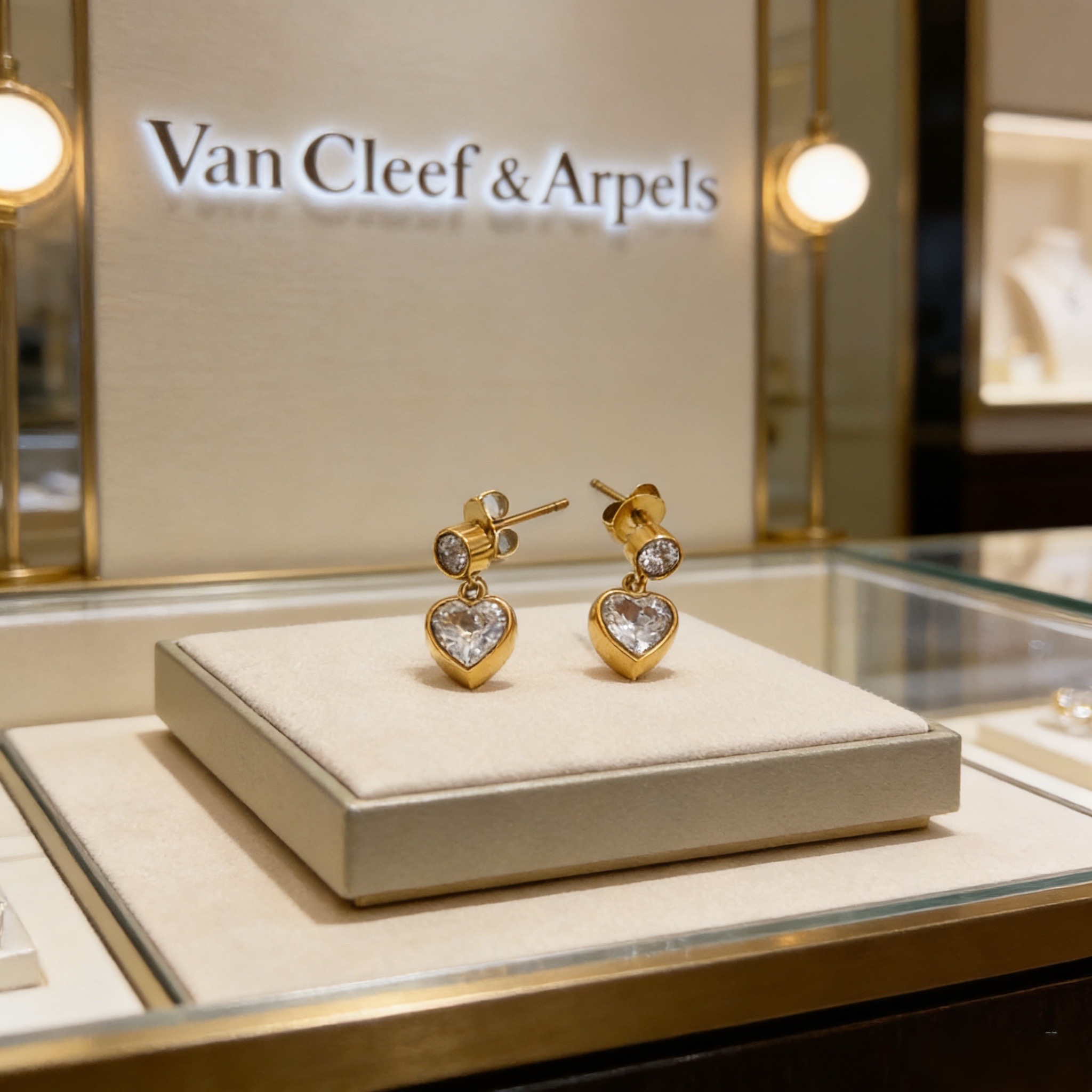 Van Cleef Arpels Heart Drop earrings yellow gold with clear faceted heart-cut stones 1 2cm drop length