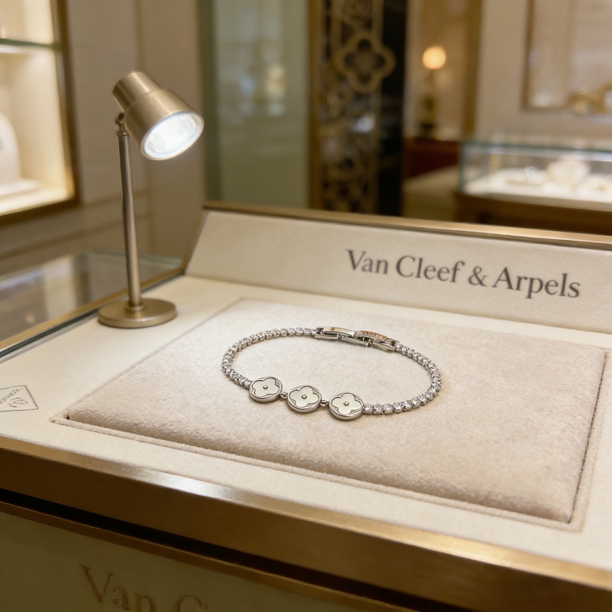 Van Cleef Arpels Alhambra bracelet silver-toned white gold white mother-of-pearl clear diamonds 17cm